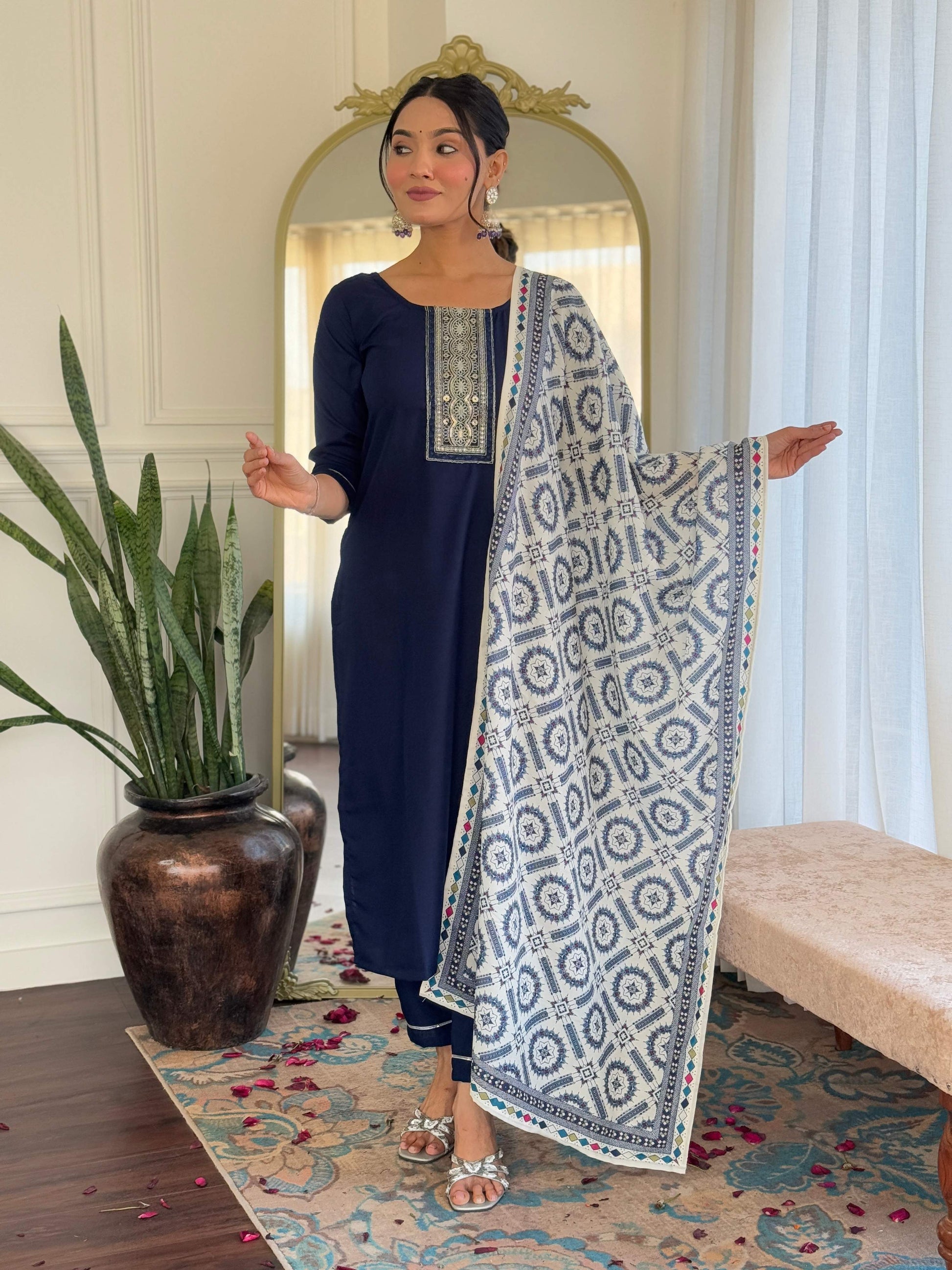 Sonakshi Women's Navy Blue Rayon Embroidered Kurta Set with Dupatta