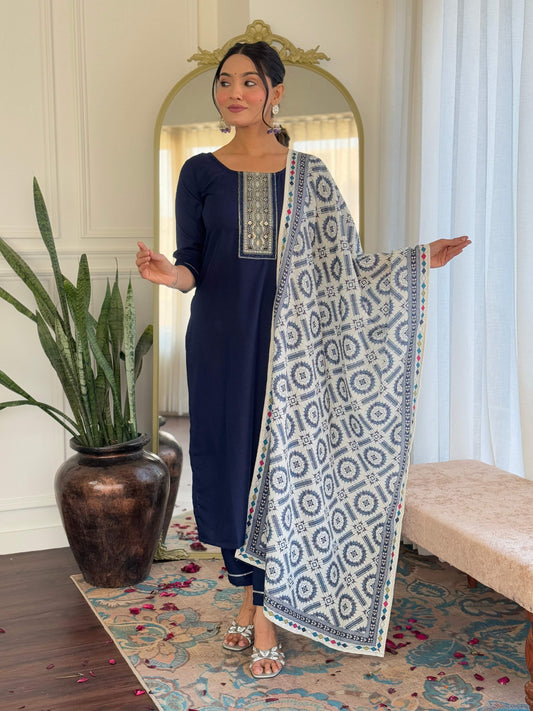 Sonakshi Women's Navy Blue Rayon Embroidered Kurta Set with Dupatta