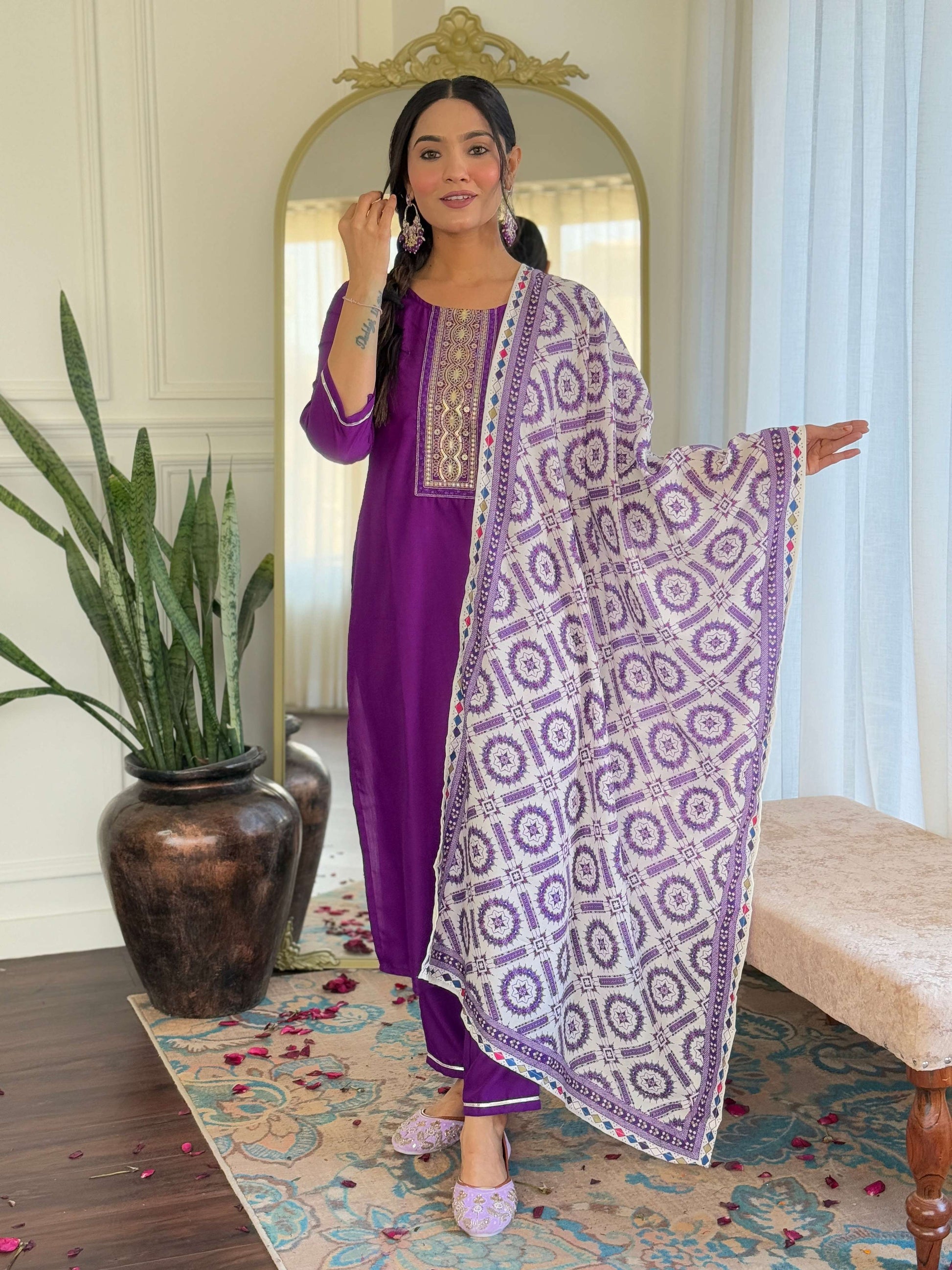 Sonakshi Women's Wine Rayon Embroidered Kurta Set with Dupatta