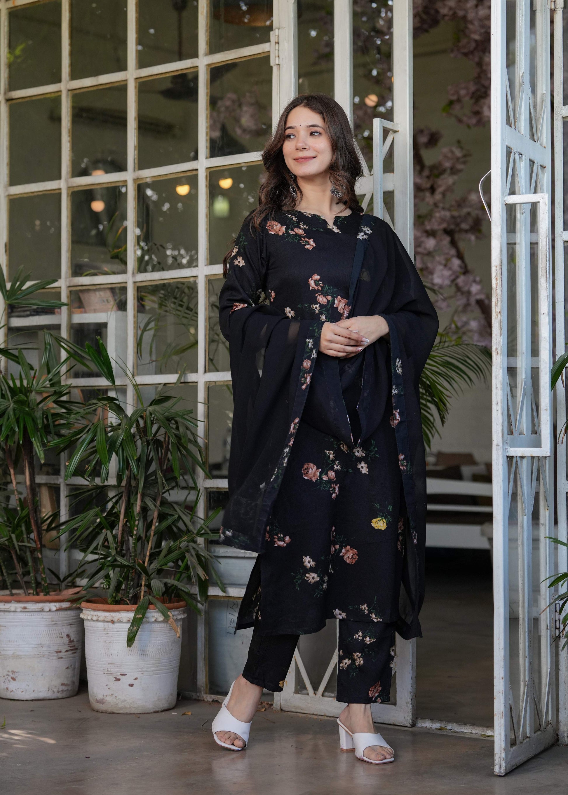 Sonakshi Women's Black Silk Blend Digital Kurta Set with Dupatta
