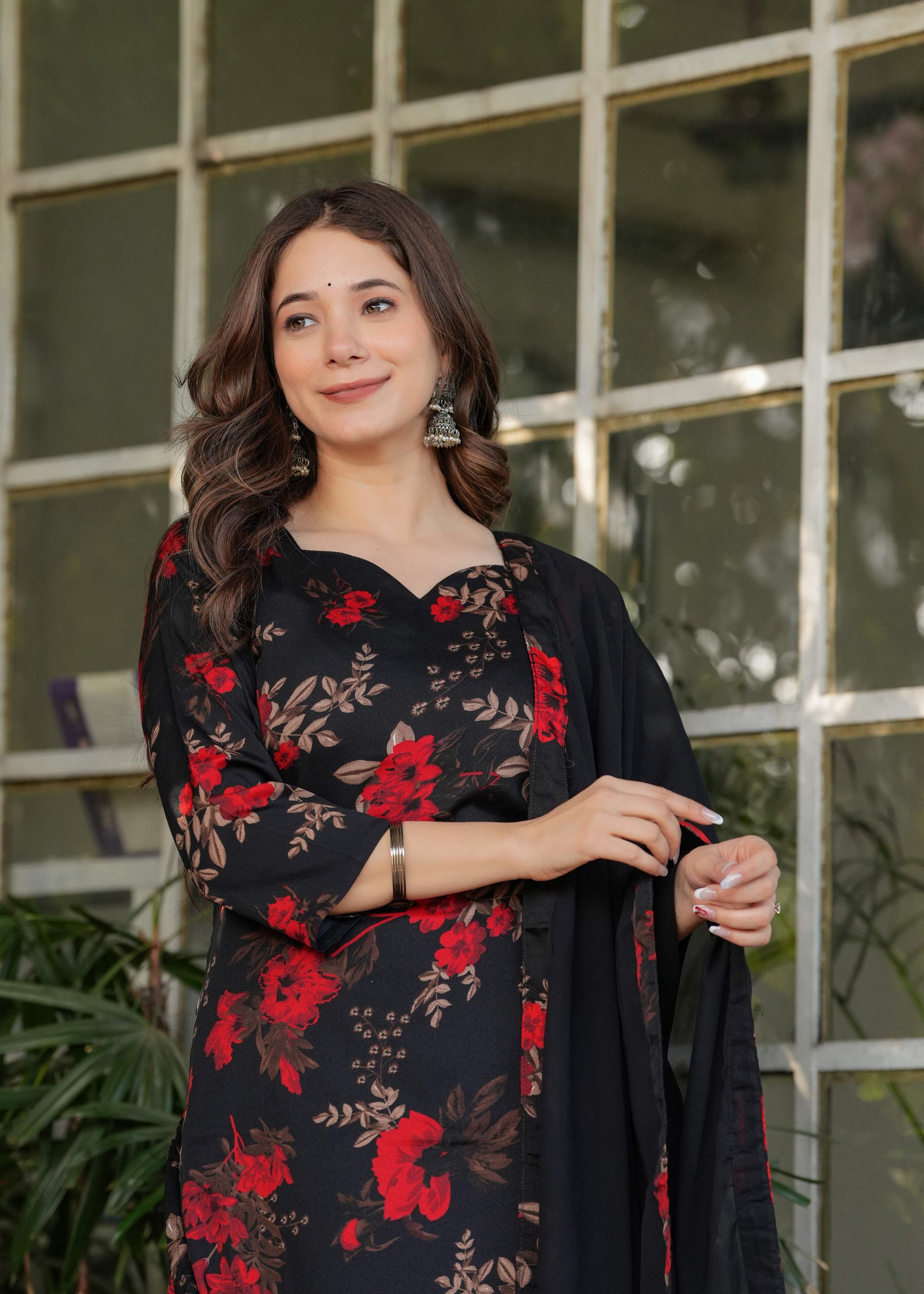 Sonakshi Women's Black Silk Blend Digital Kurta Set with Dupatta