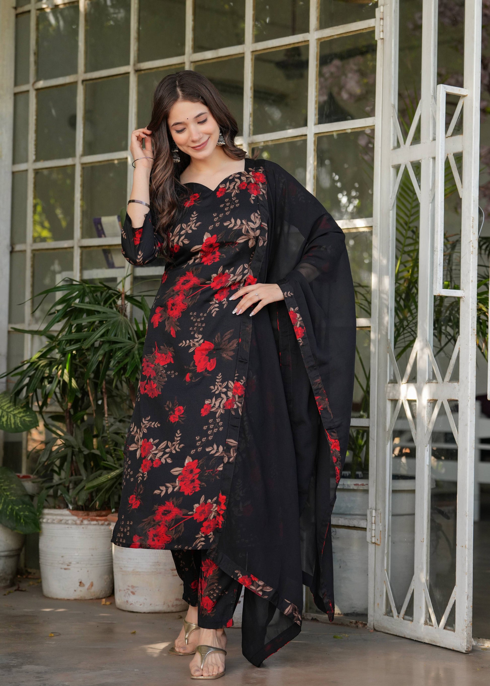 Sonakshi Women's Black Silk Blend Digital Kurta Set with Dupatta