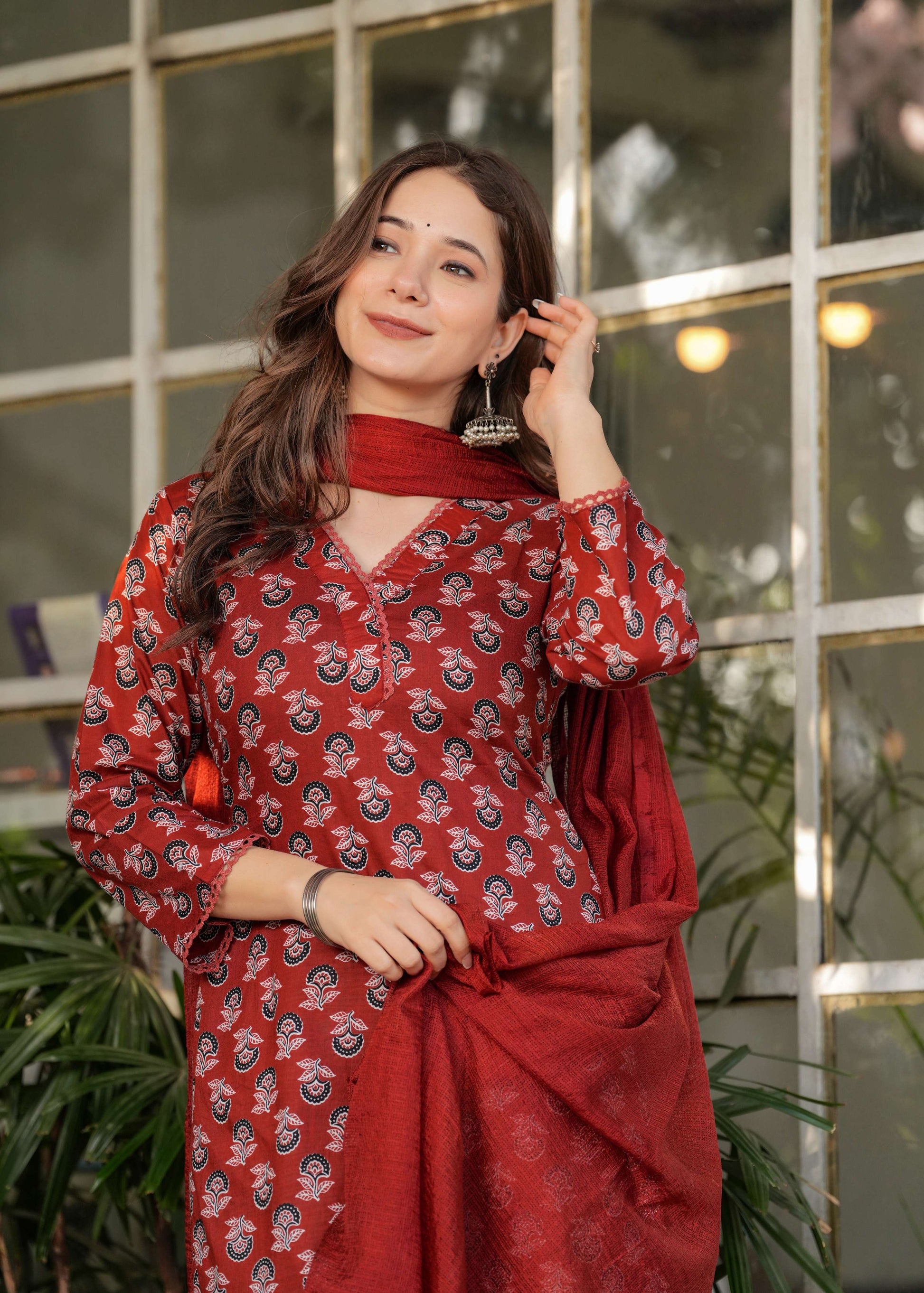 Sonakshi Women's Rust Pure Cotton Digital Print Kurta Set with Dupatta