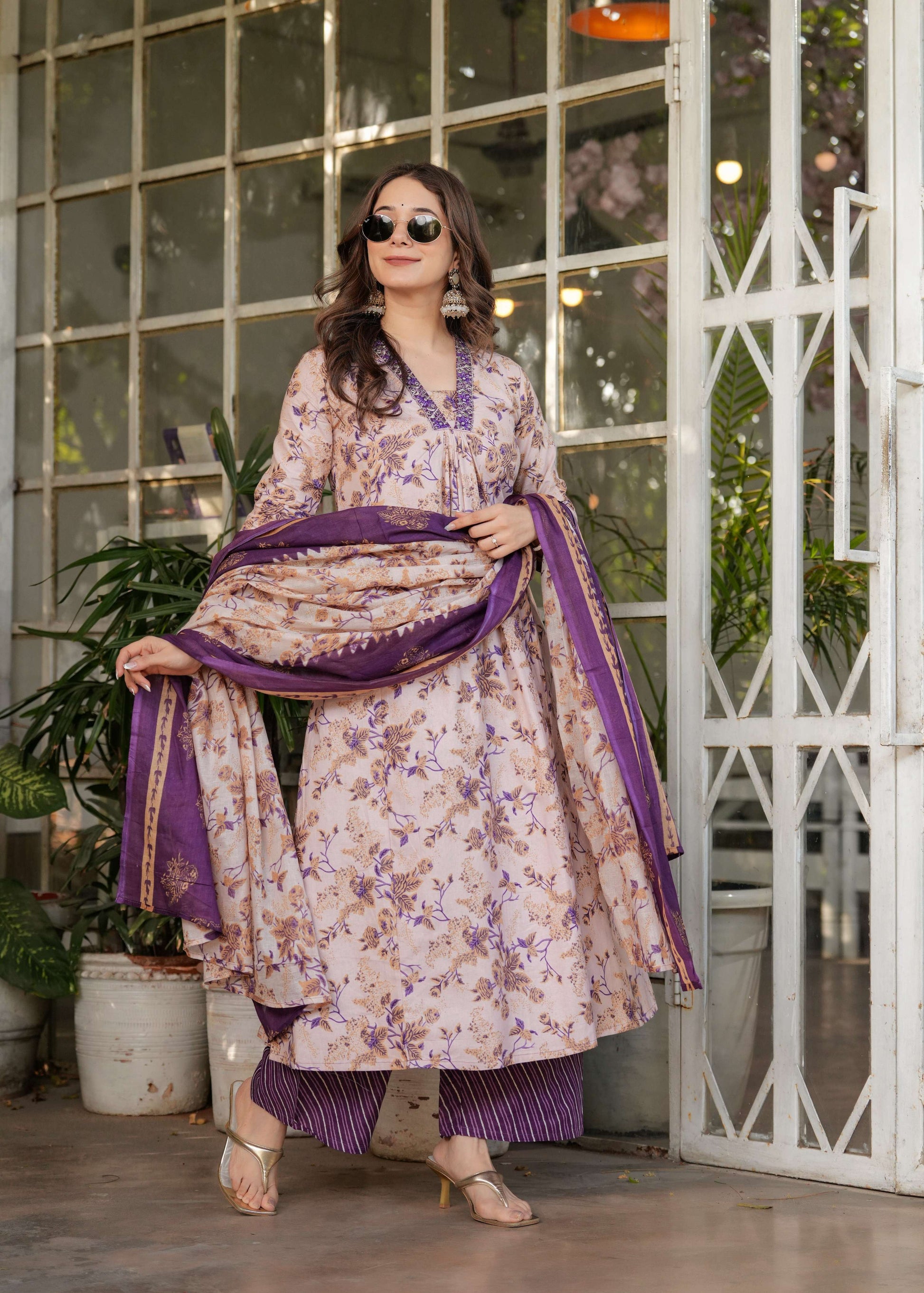 Sonakshi Women's Purple Pure Cotton Digital Print Kurta Set with Dupatta