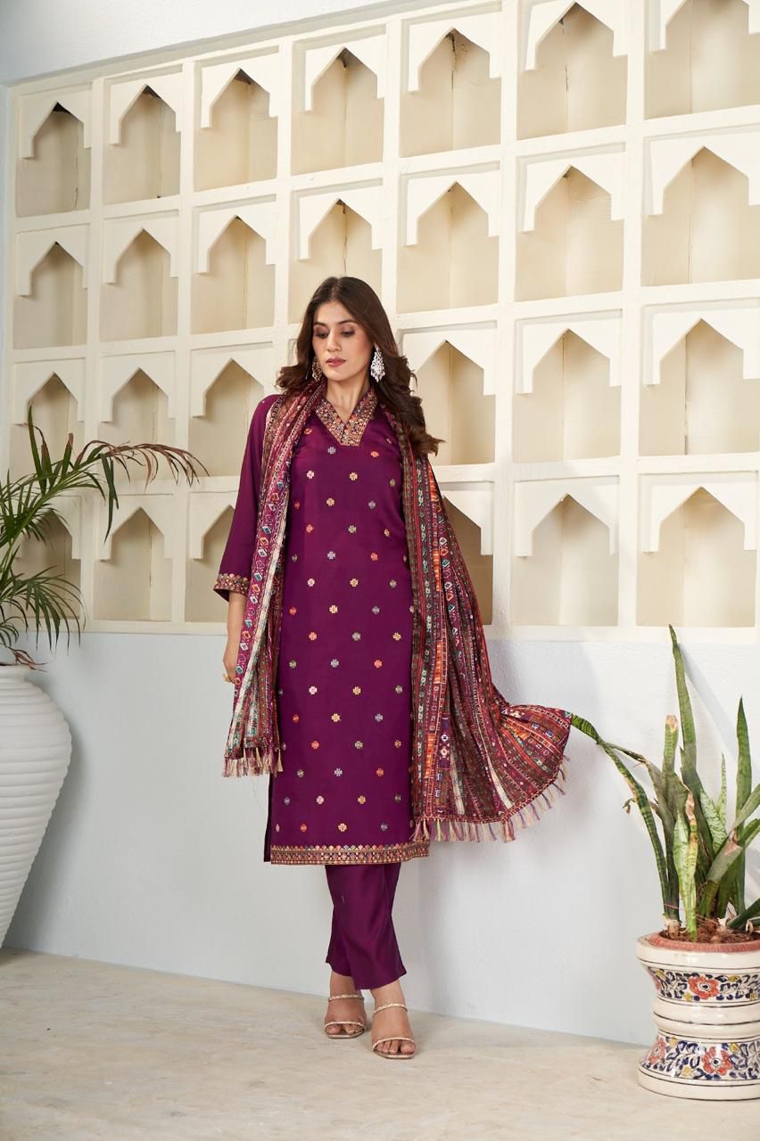 Sonakshi Women's Wine Viscose Chanderi Embroidered Kurta Set with Dupatta