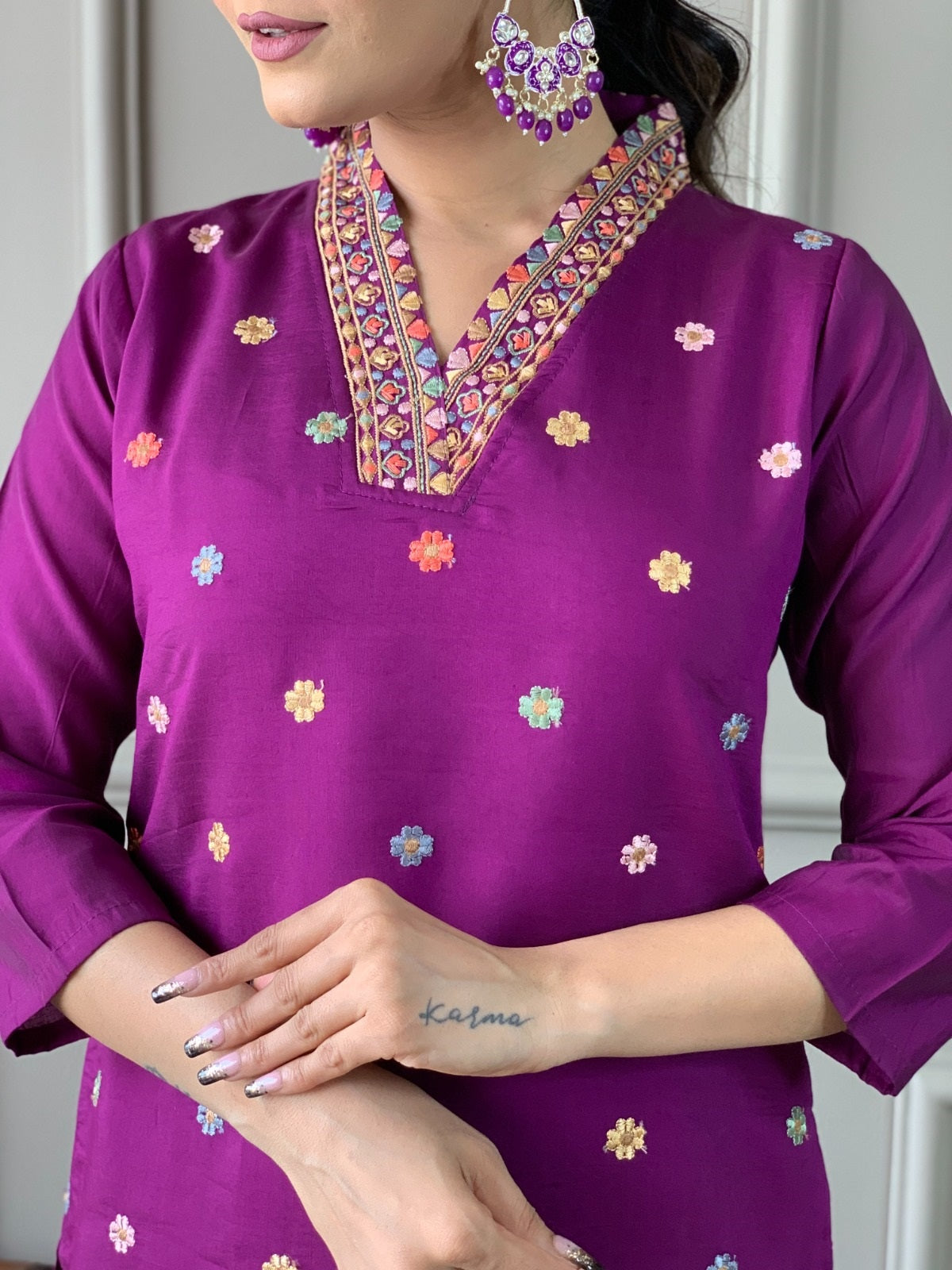 Sonakshi Women's Purple Viscose Chanderi Embroidered Kurta Set with Dupatta