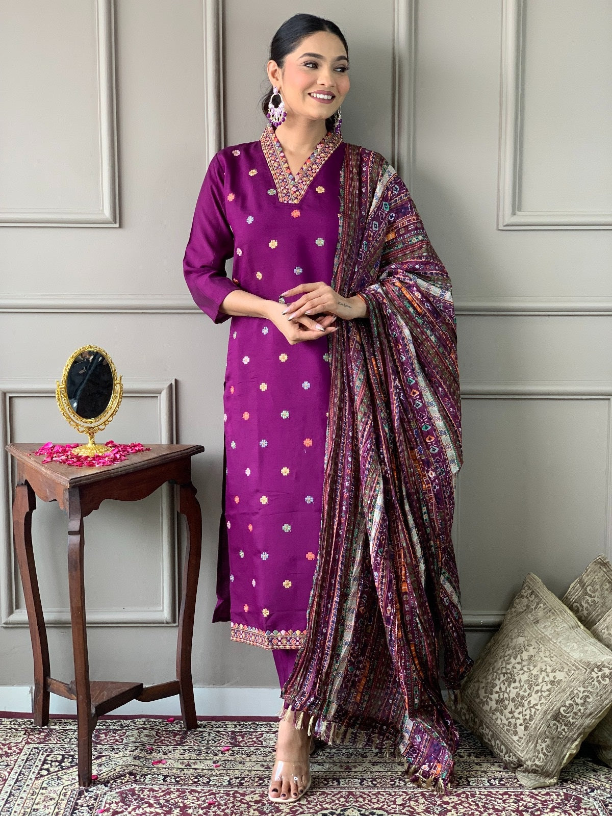 Sonakshi Women's Purple Viscose Chanderi Embroidered Kurta Set with Dupatta