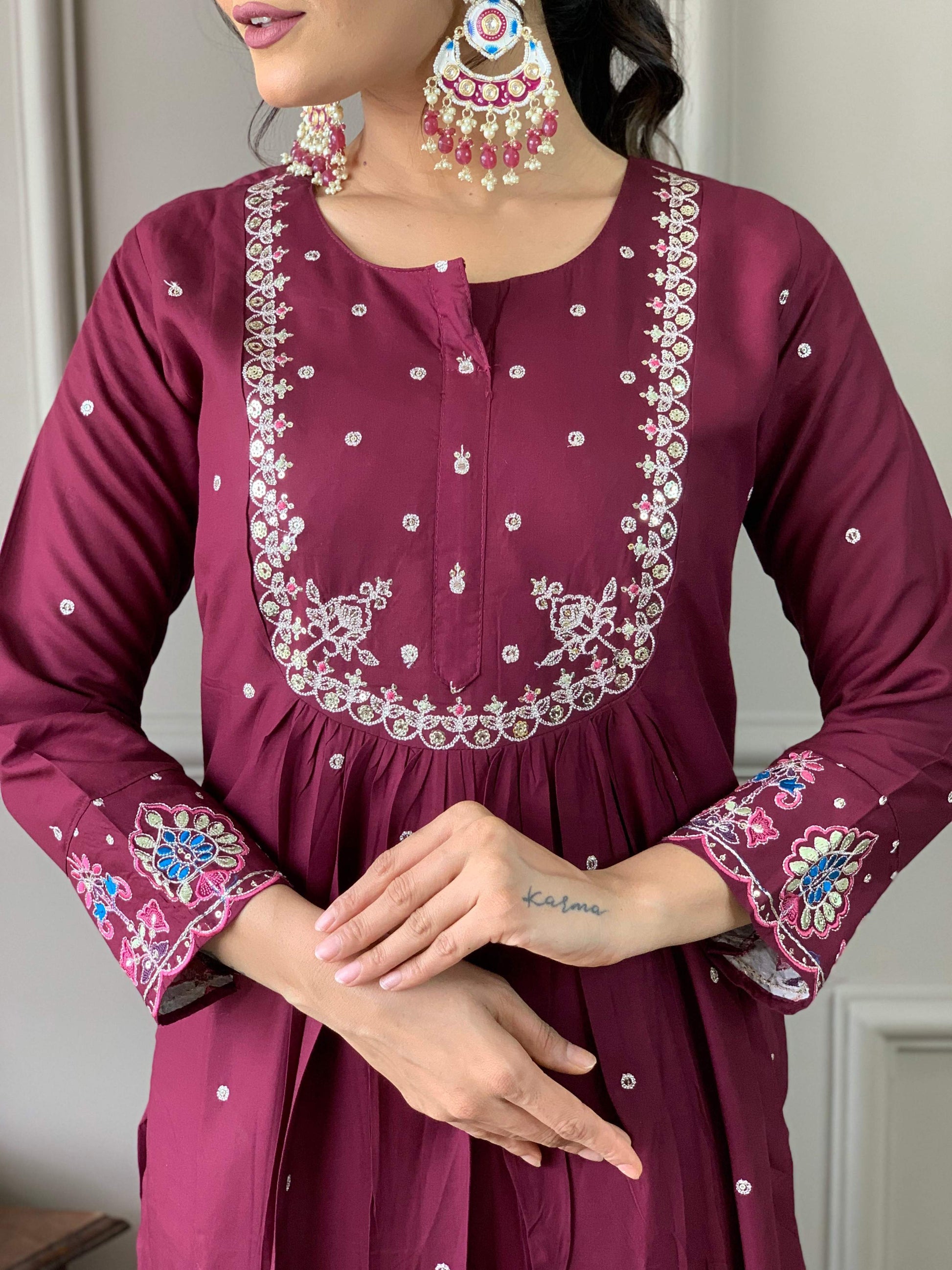 Sonakshi Women's Wine Viscose Chanderi Embroidered Kurta Set with Dupatta