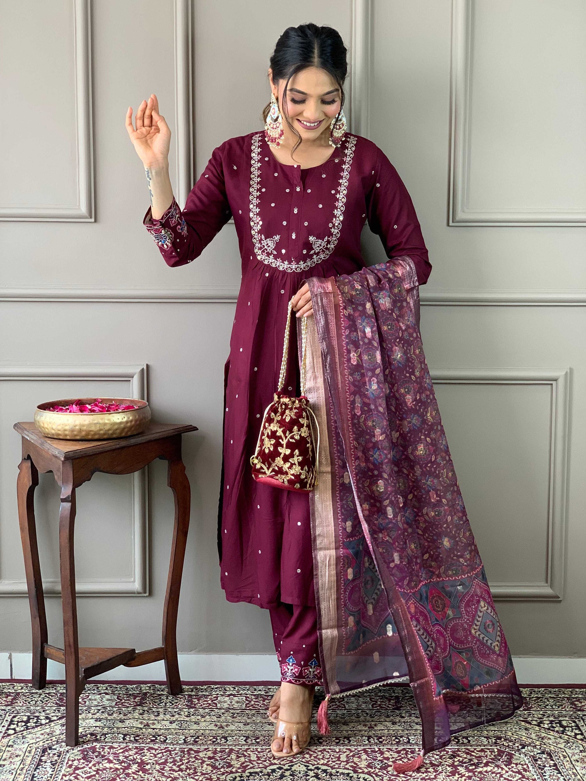Sonakshi Women's Wine Viscose Chanderi Embroidered Kurta Set with Dupatta