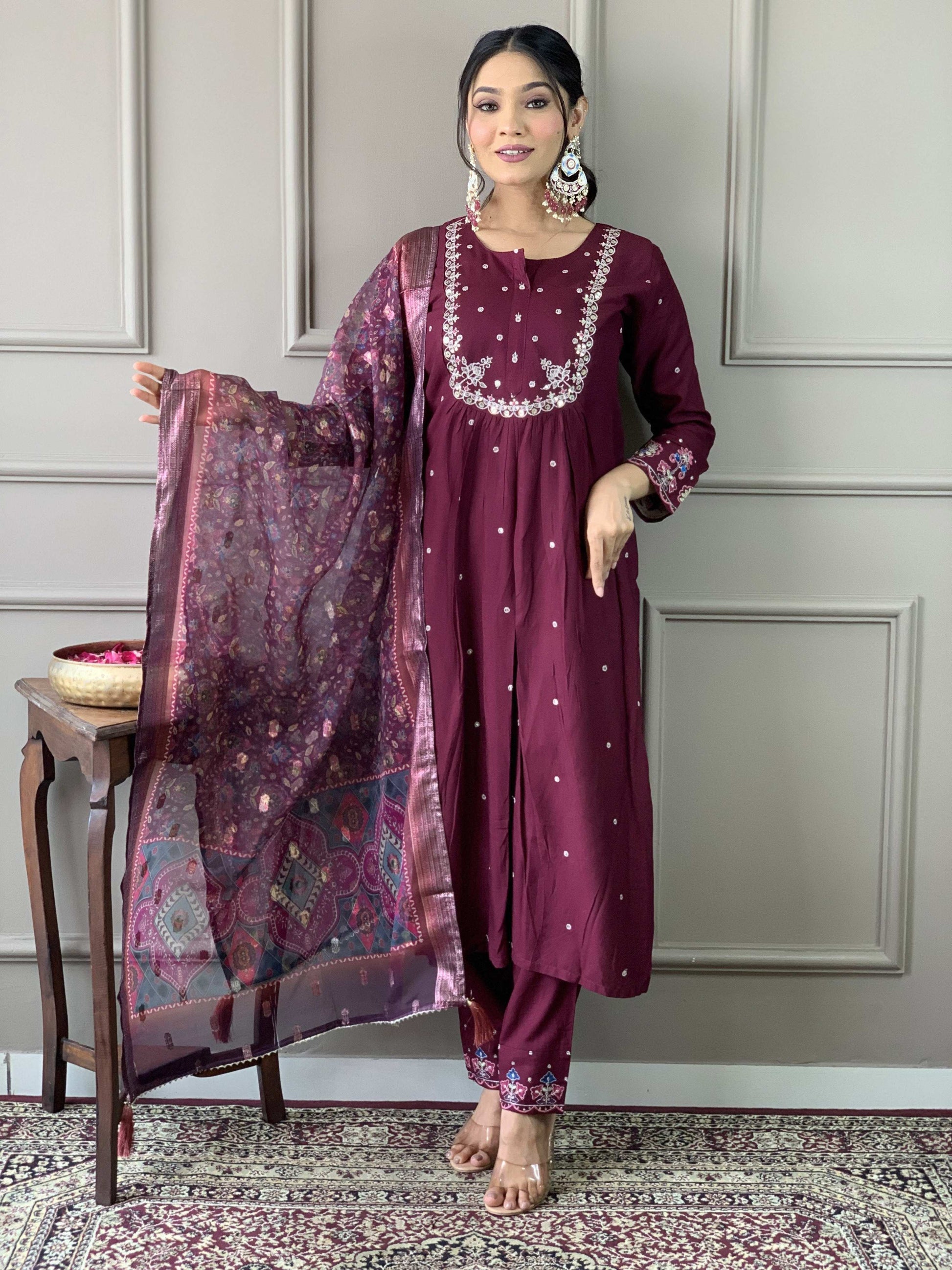 Sonakshi Women's Wine Viscose Chanderi Embroidered Kurta Set with Dupatta