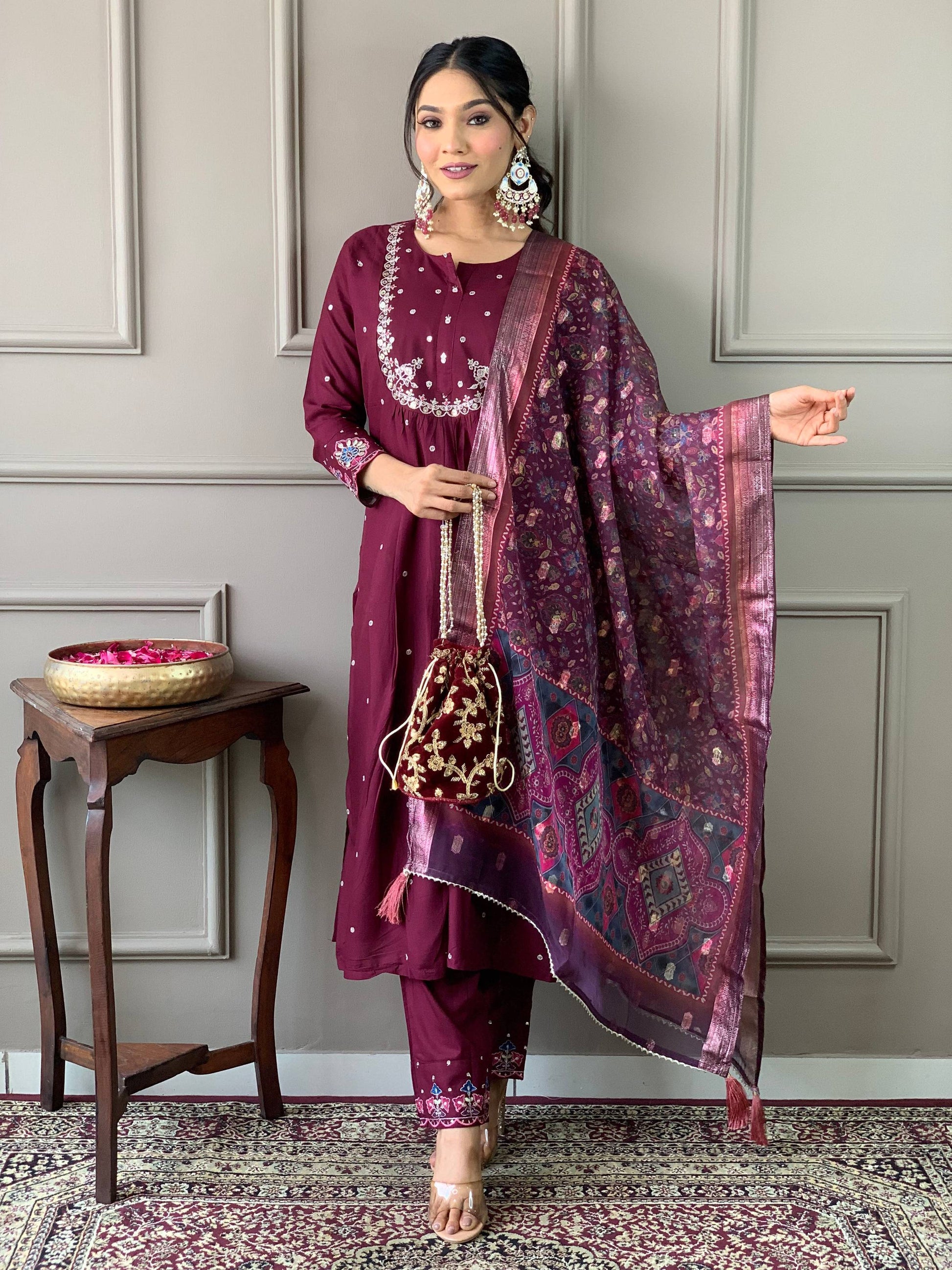 Sonakshi Women's Wine Viscose Chanderi Embroidered Kurta Set with Dupatta