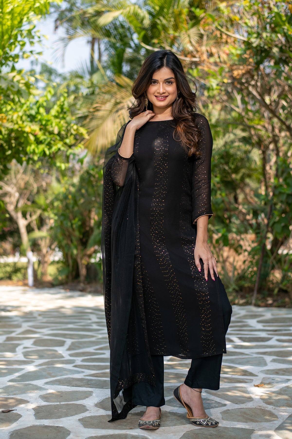 Sonakshi Women's Black Faux Georgette Embroidered Kurta Set with Dupatta