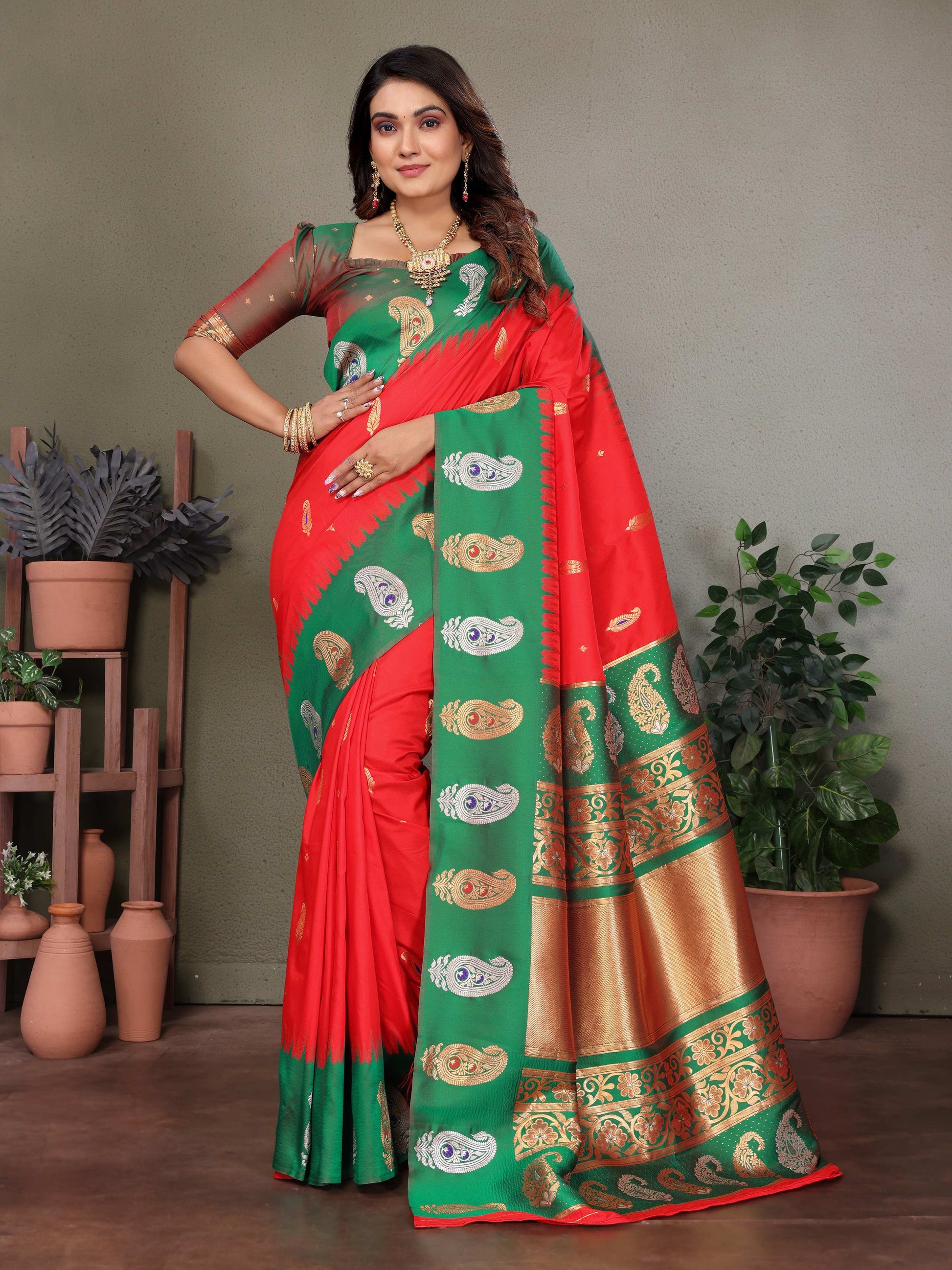 Sonakshi Women's Red Banarasi Silk Zari Woven Traditional Saree with Blouse | Swadesiicart