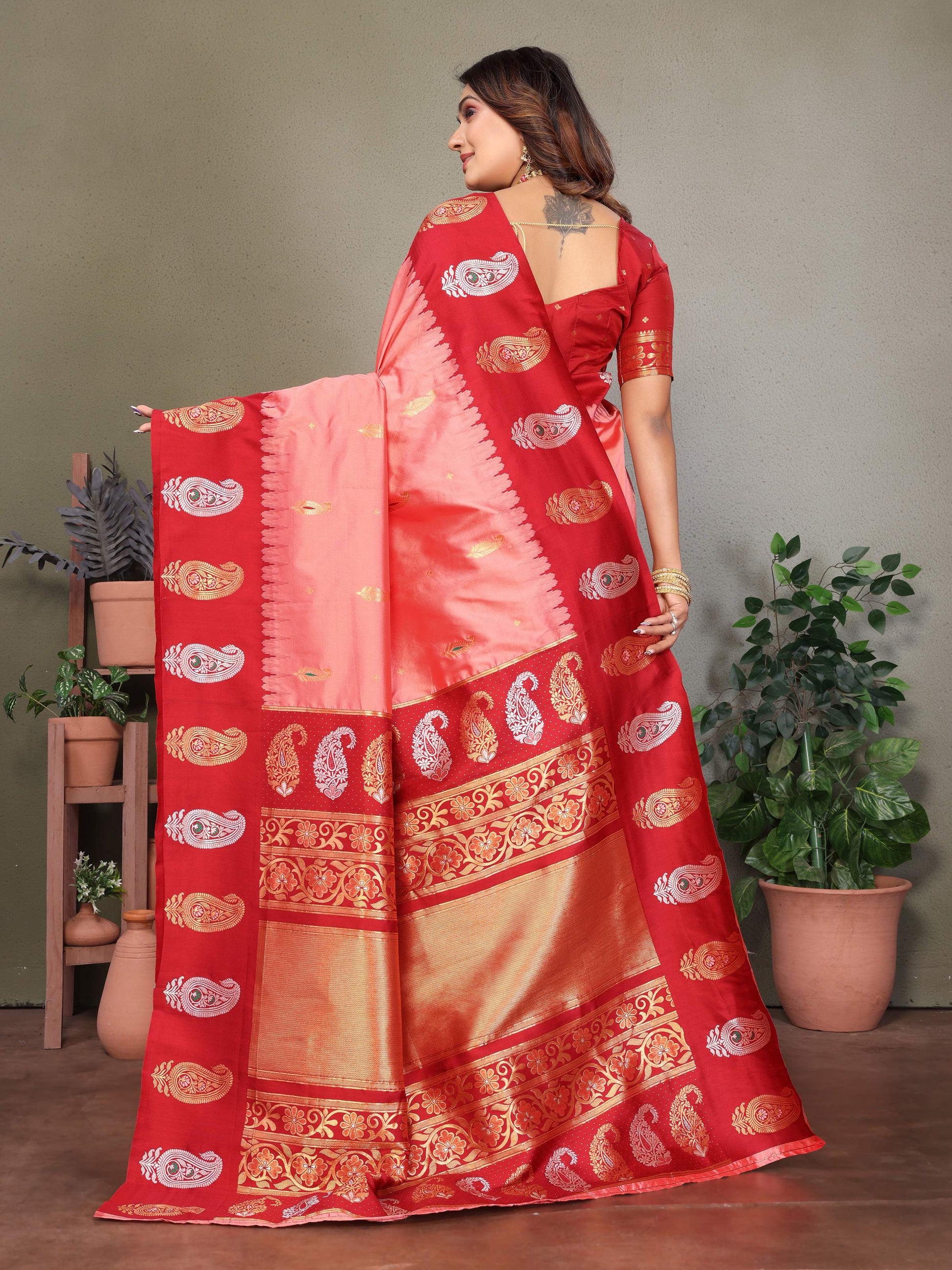 Sonakshi Women's Pink Banarasi Silk Zari Woven Traditional Saree with Blouse | Swadesiicart