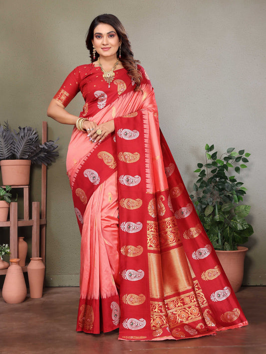 Sonakshi Women's Pink Banarasi Silk Zari Woven Traditional Saree with Blouse | Swadesiicart