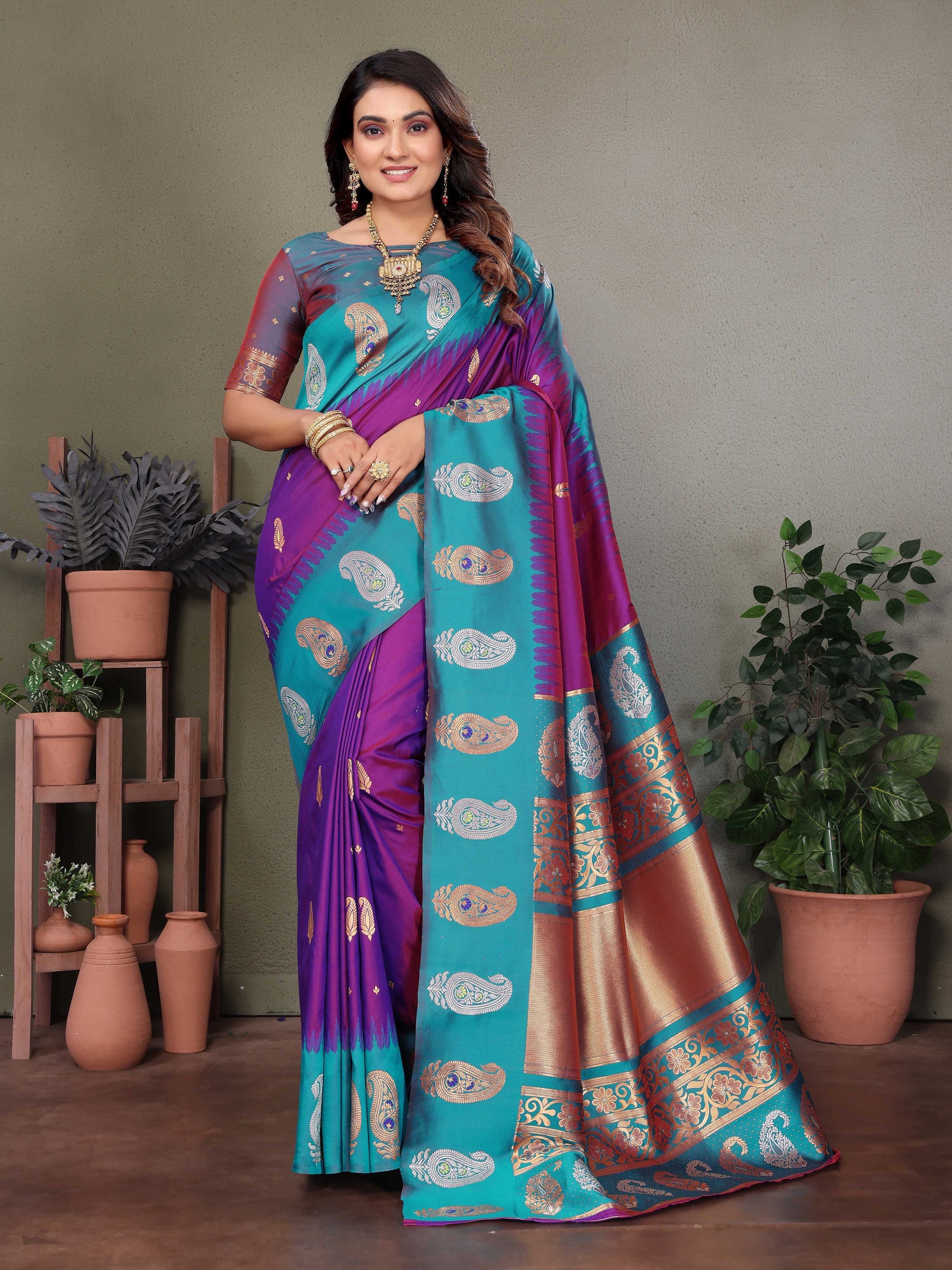 Sonakshi Women's Purple Banarasi Silk Zari Woven Traditional Saree with Blouse | Swadesiicart