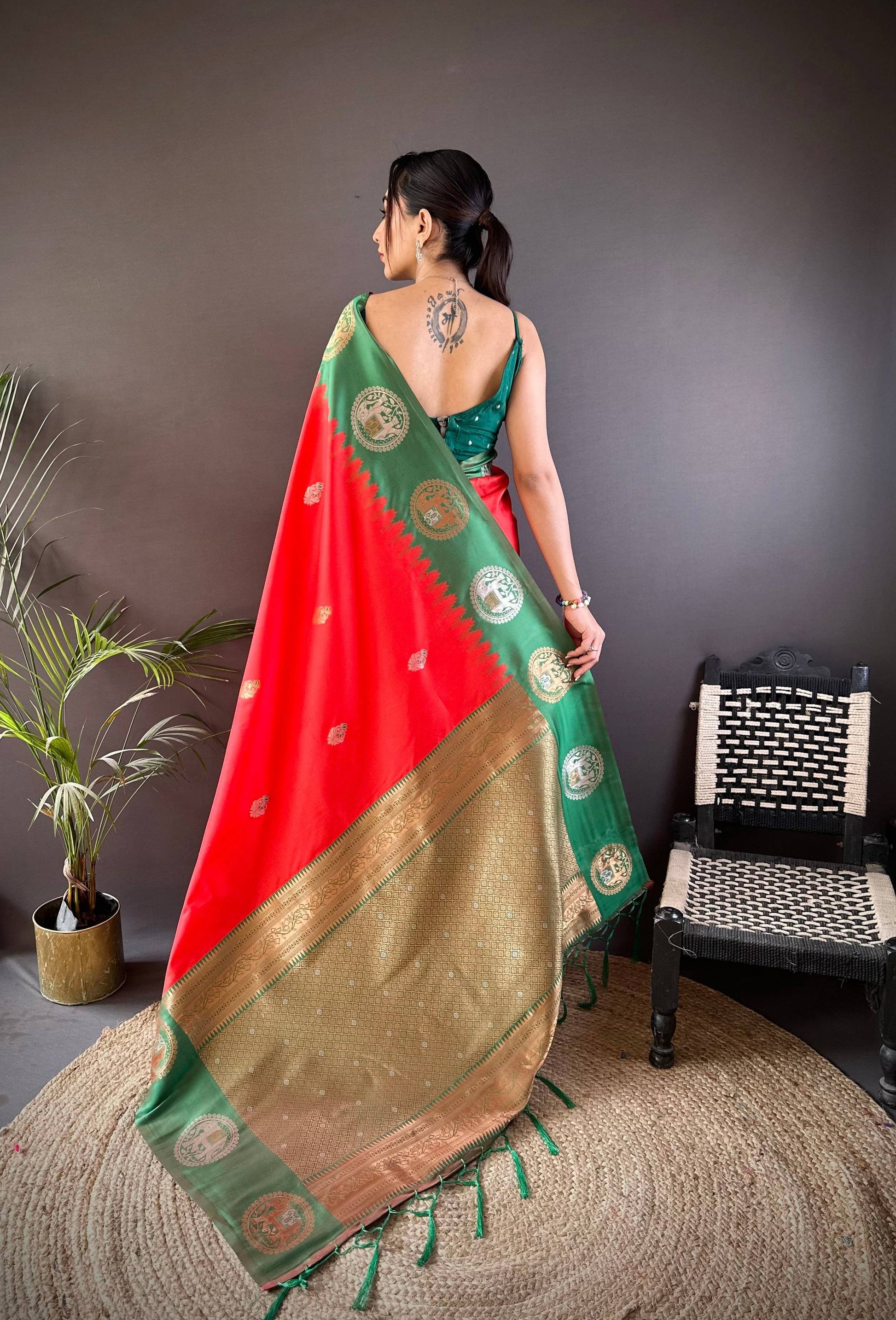 Sonakshi Women's Red Banarasi Silk Zari Woven Traditional Saree with Blouse | Swadesiicart