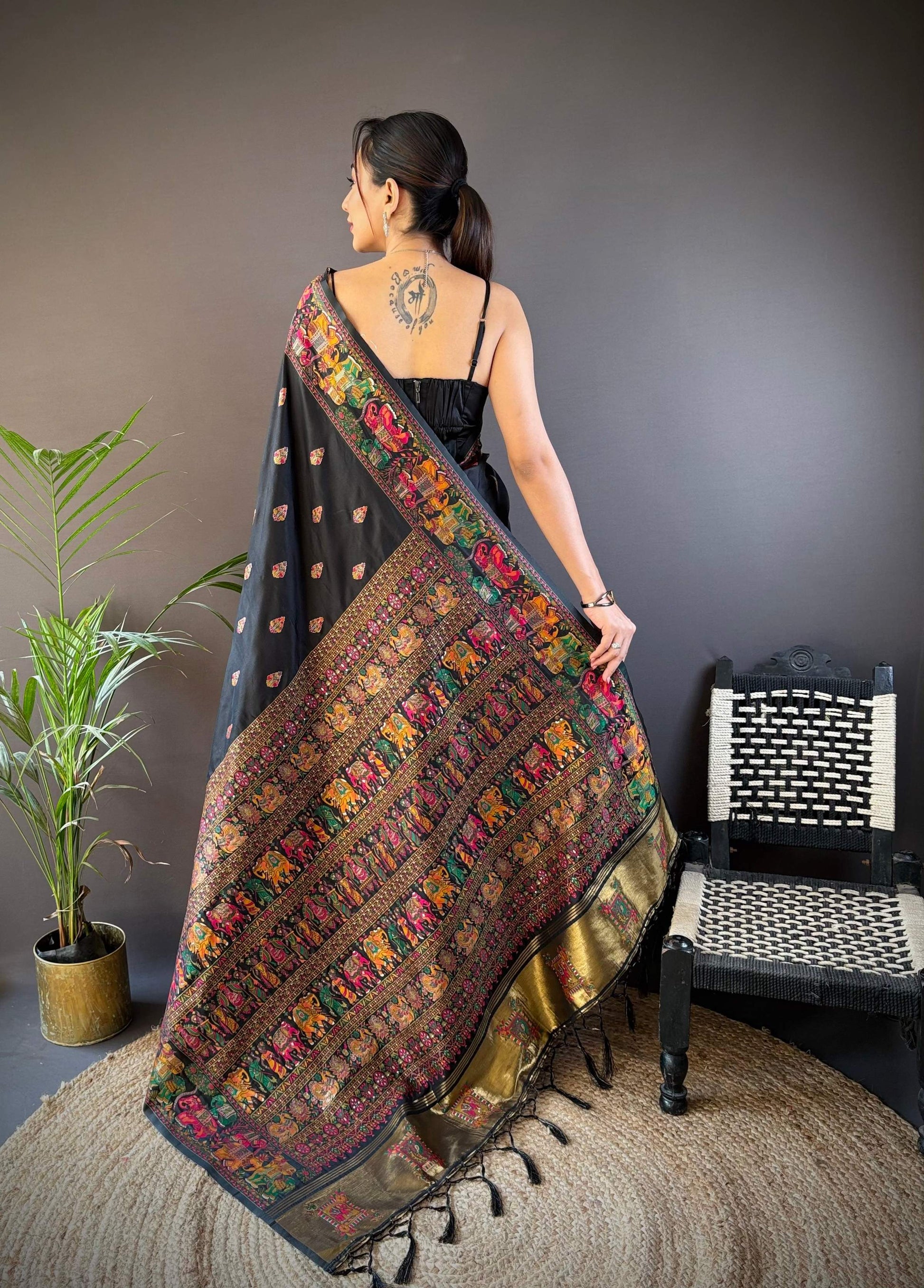 Sonakshi Women's Black Pashmina Silk Zari Woven Traditional Saree with Blouse