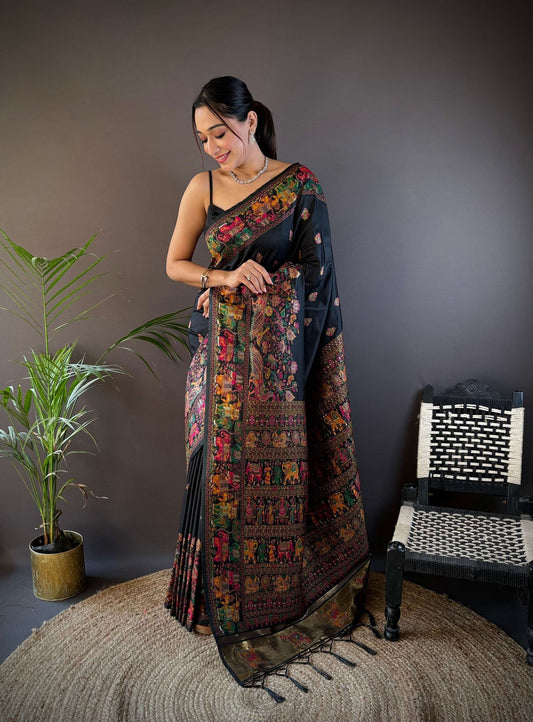 Sonakshi Women's Black Pashmina Silk Zari Woven Traditional Saree with Blouse
