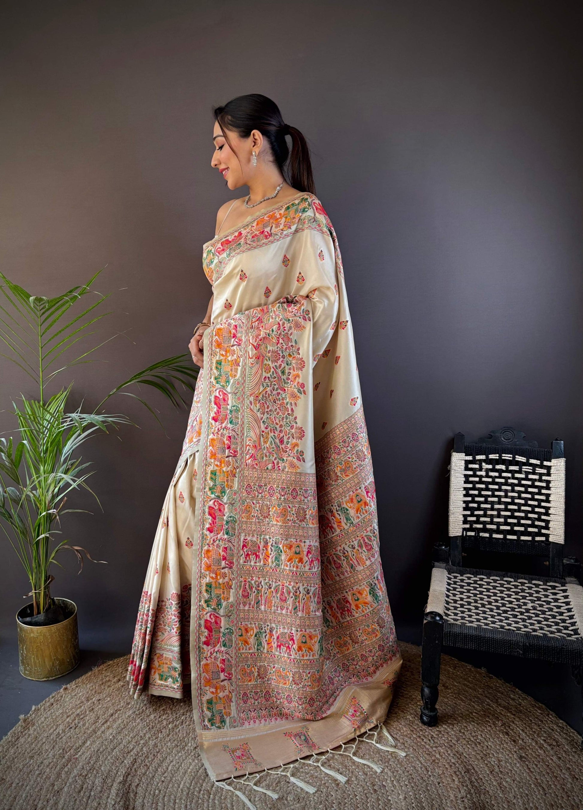 Sonakshi Women's Off White Pashmina Silk Zari Woven Traditional Saree with Blouse
