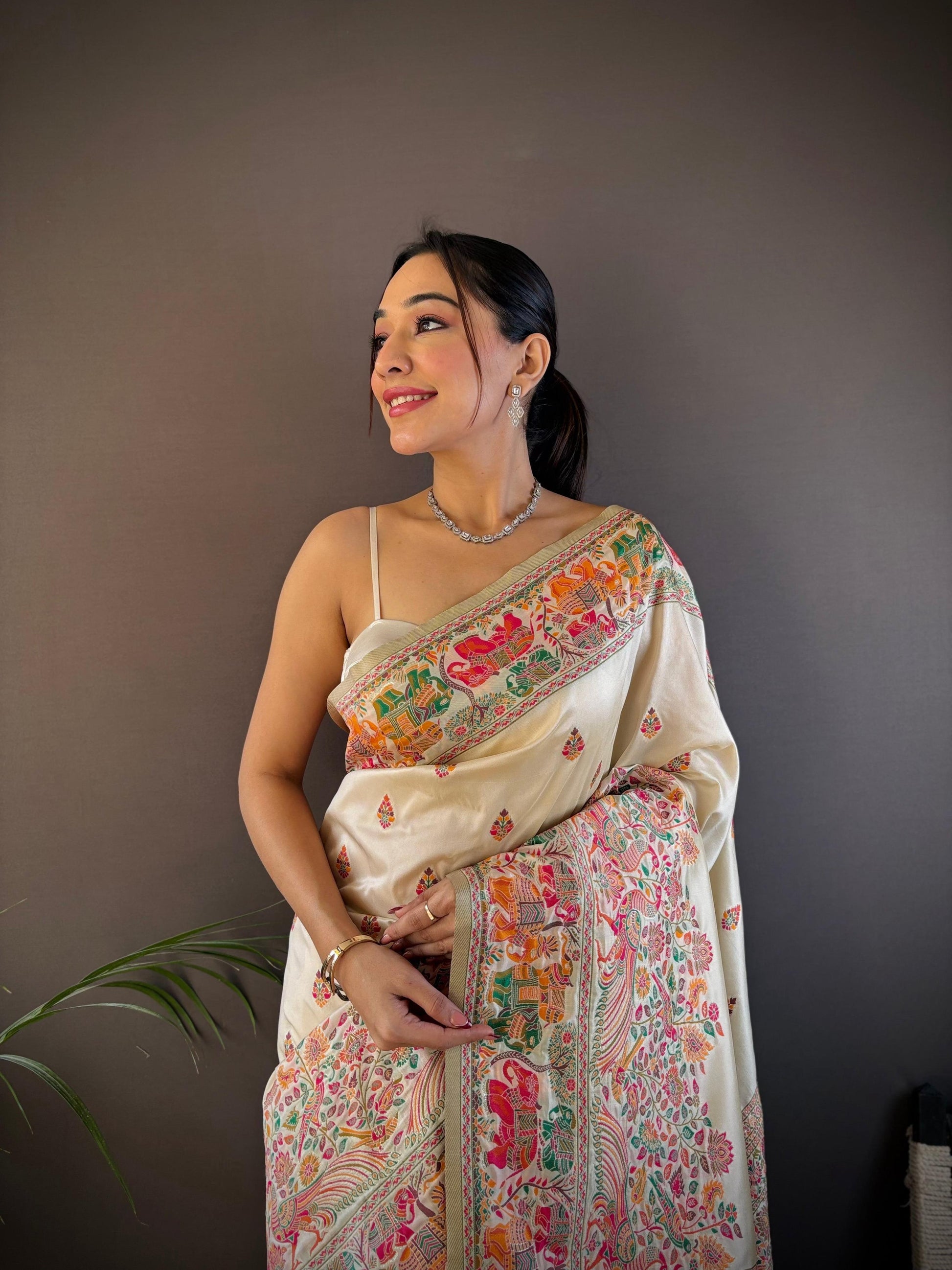 Sonakshi Women's Off White Pashmina Silk Zari Woven Traditional Saree with Blouse