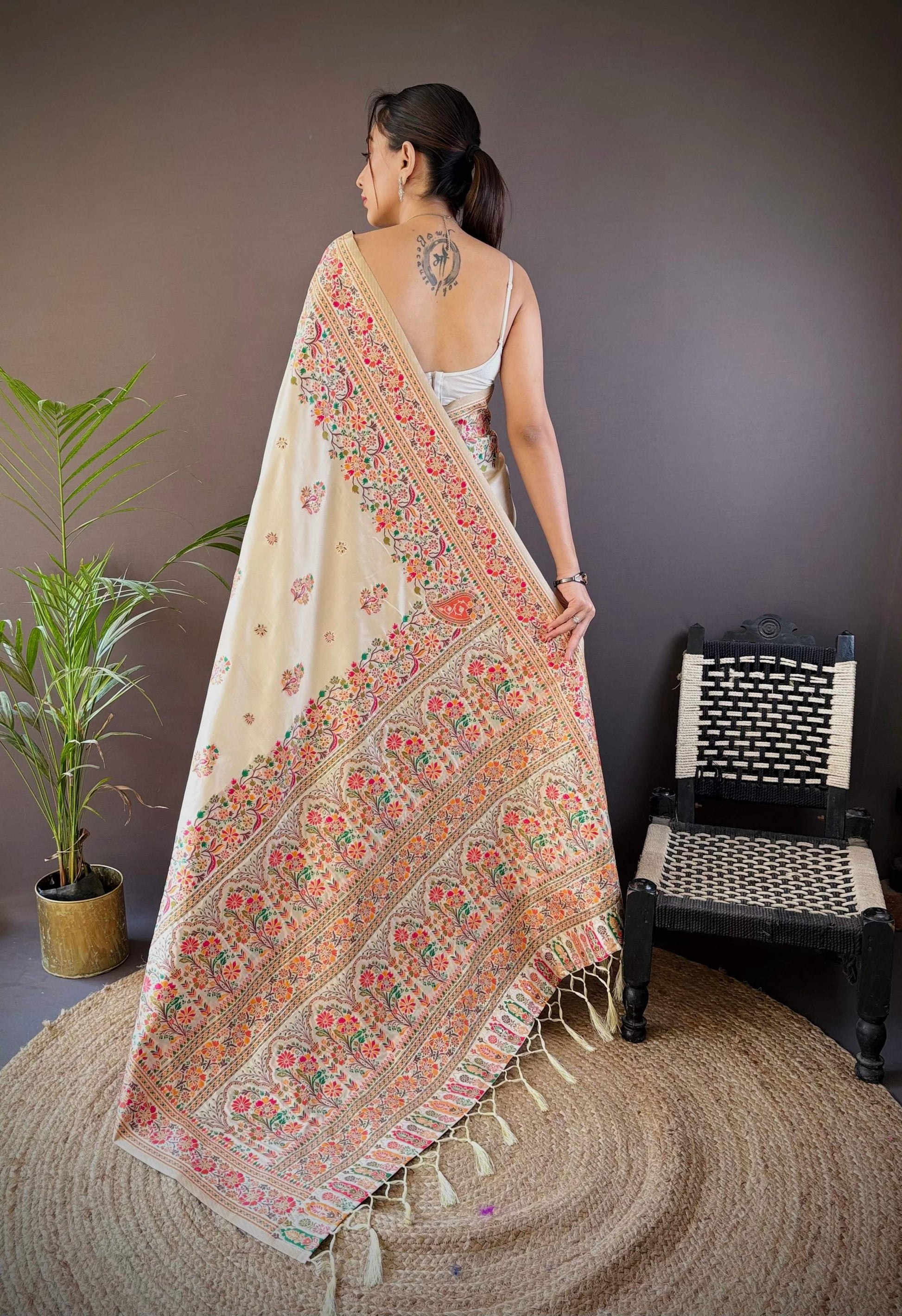 Sonakshi Women's Off White Pashmina Silk Zari Woven Traditional Saree with Blouse