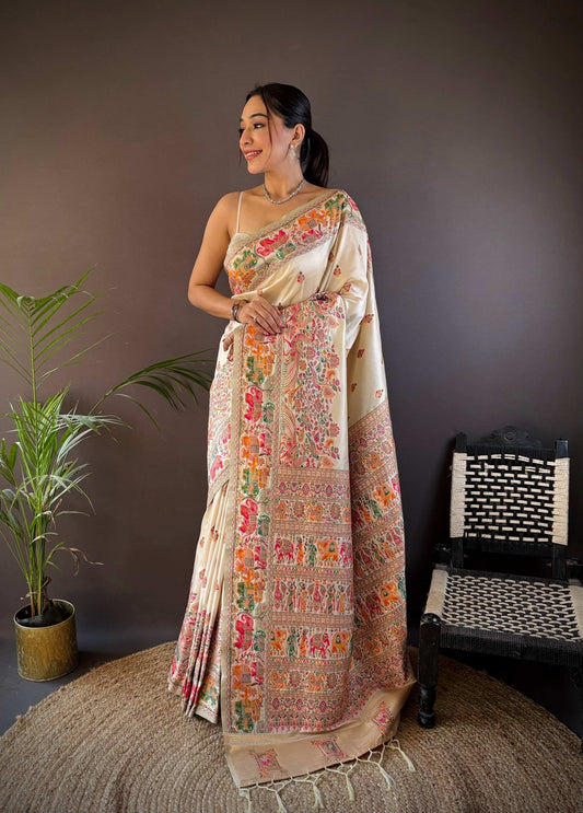 Sonakshi Women's Off White Pashmina Silk Zari Woven Traditional Saree with Blouse