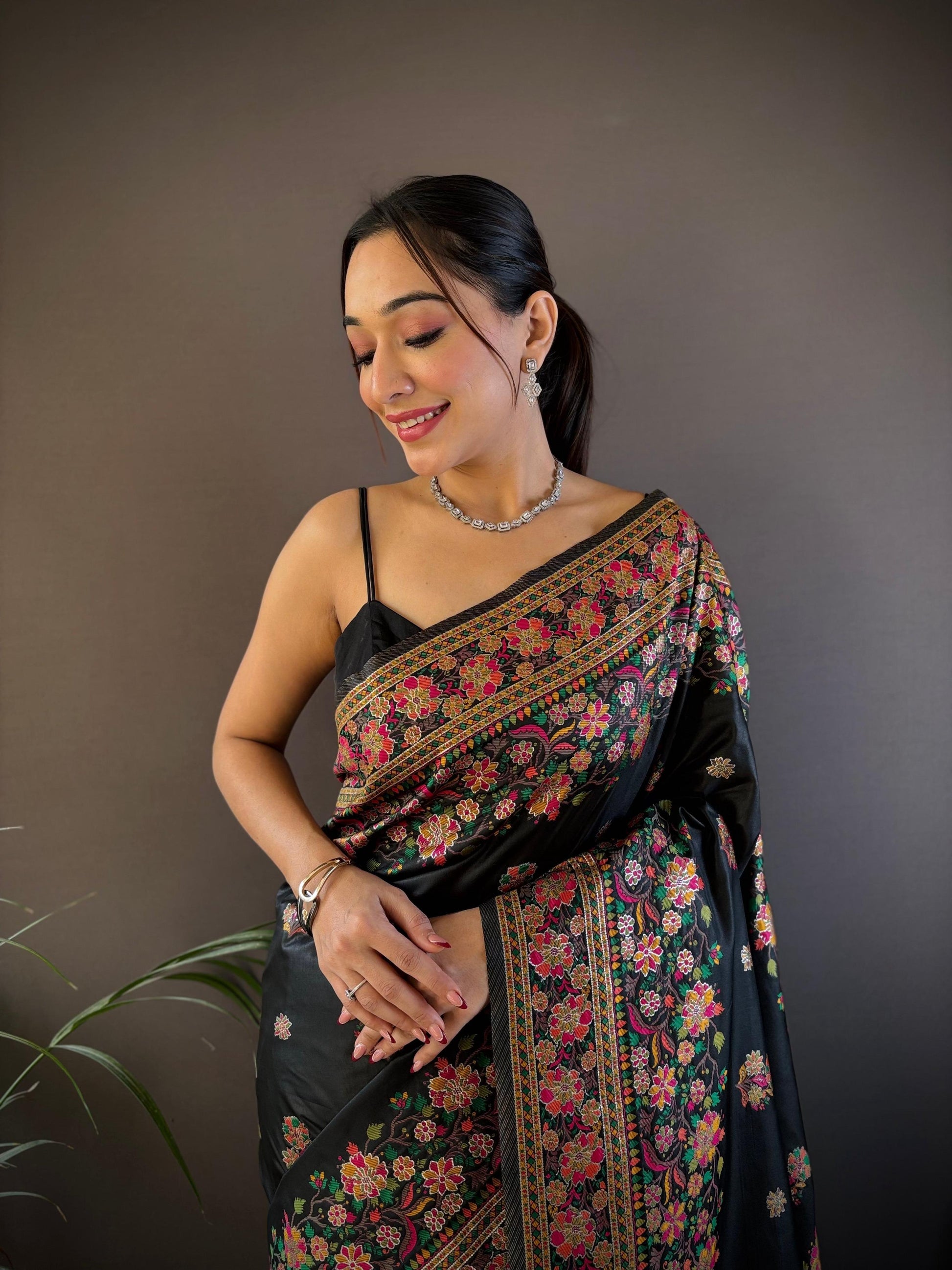 Sonakshi Women's Black Pashmina Silk Zari Woven Traditional Saree with Blouse