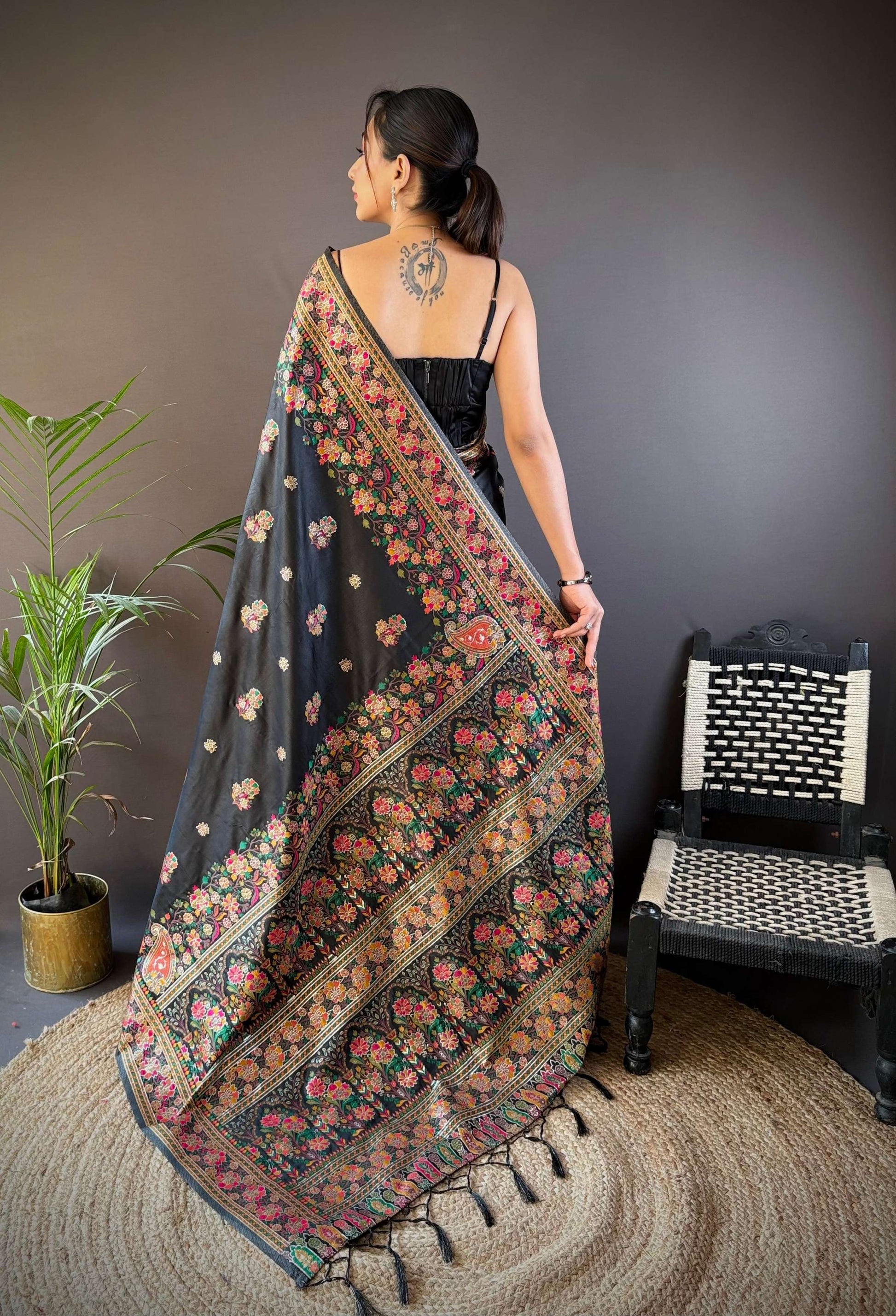 Sonakshi Women's Black Pashmina Silk Zari Woven Traditional Saree with Blouse