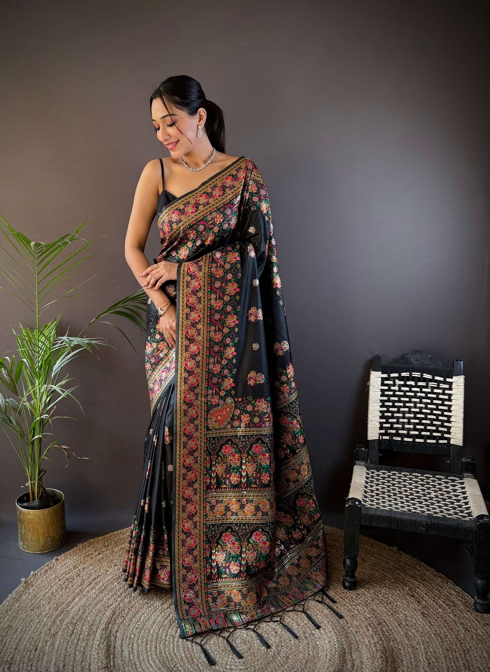 Sonakshi Women's Black Pashmina Silk Zari Woven Traditional Saree with Blouse