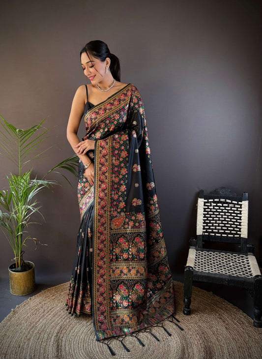 Sonakshi Women's Black Pashmina Silk Zari Woven Traditional Saree with Blouse