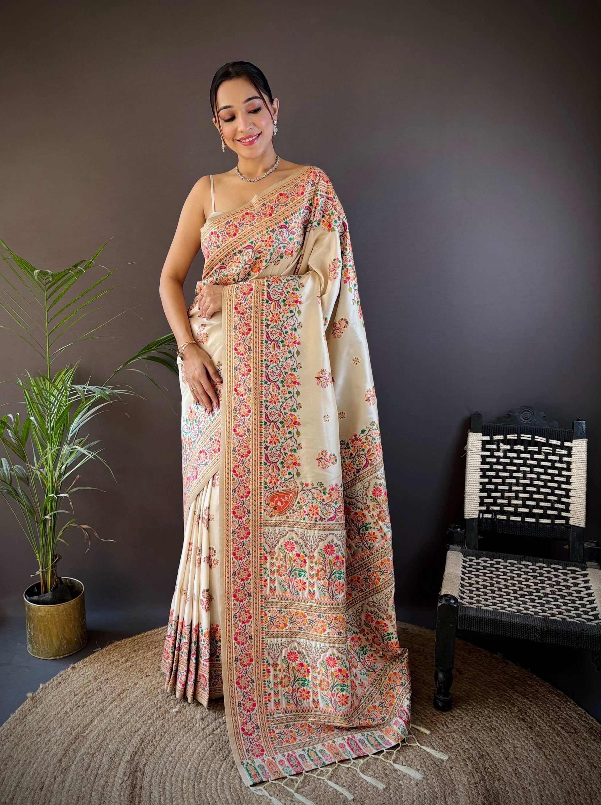 Sonakshi Women's Off White Pashmina Silk Zari Woven Traditional Saree with Blouse