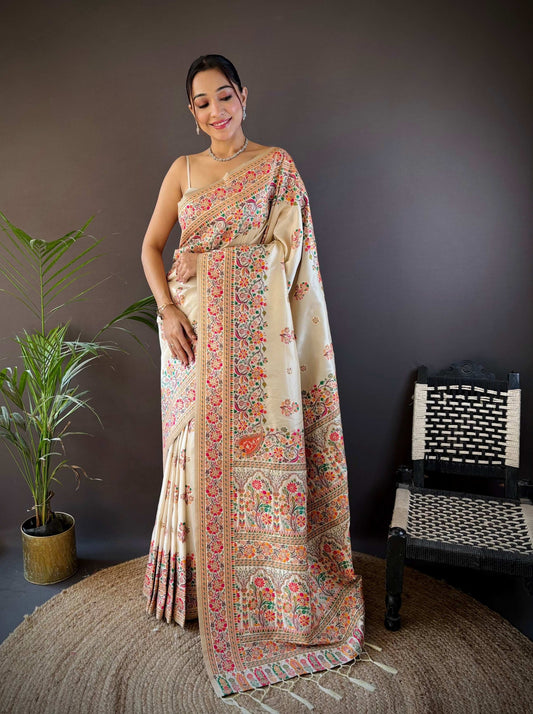 Sonakshi Women's Off White Pashmina Silk Zari Woven Traditional Saree with Blouse