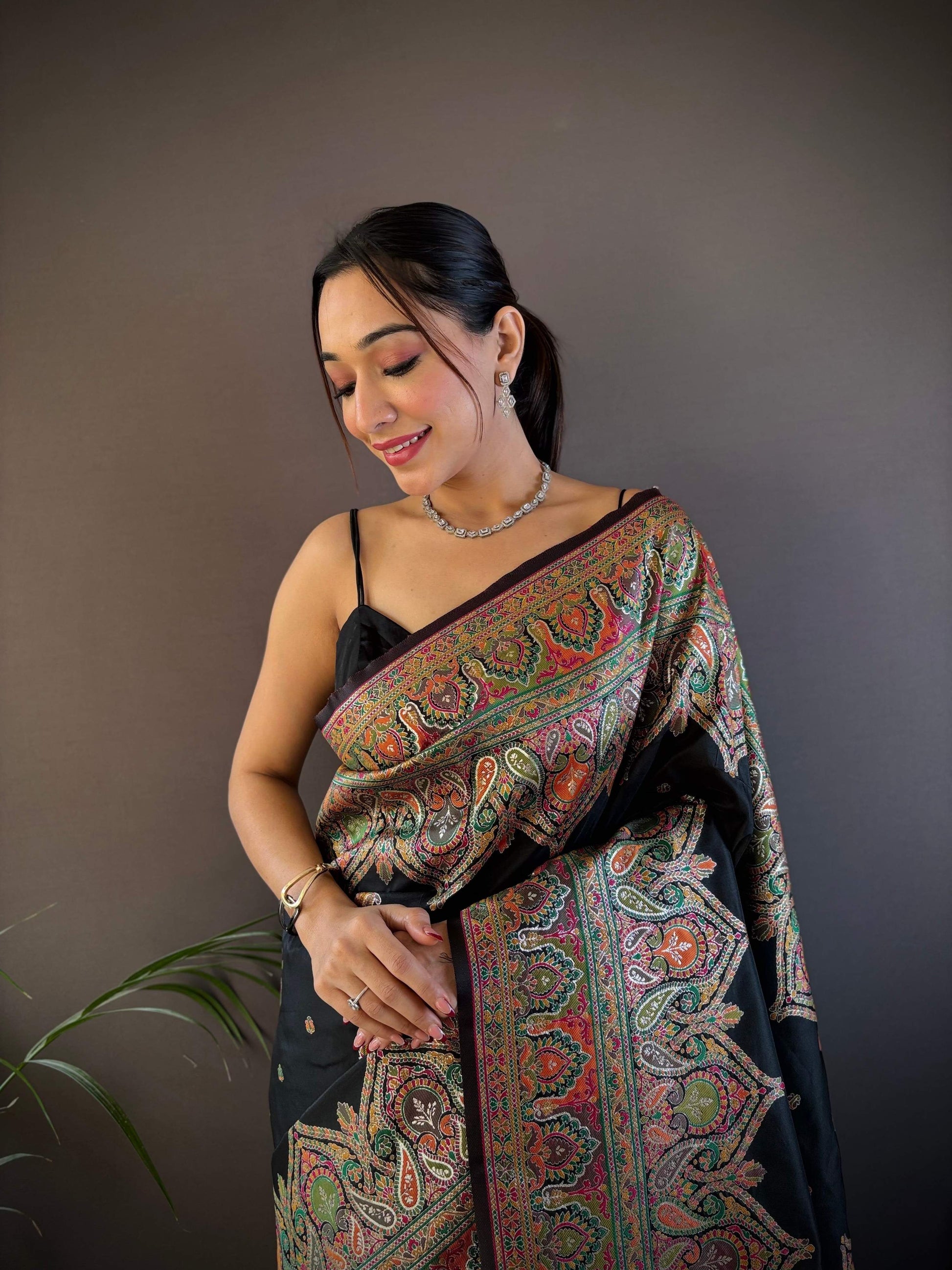 Sonakshi Women's Black Pashmina Silk Zari Woven Traditional Saree with Blouse