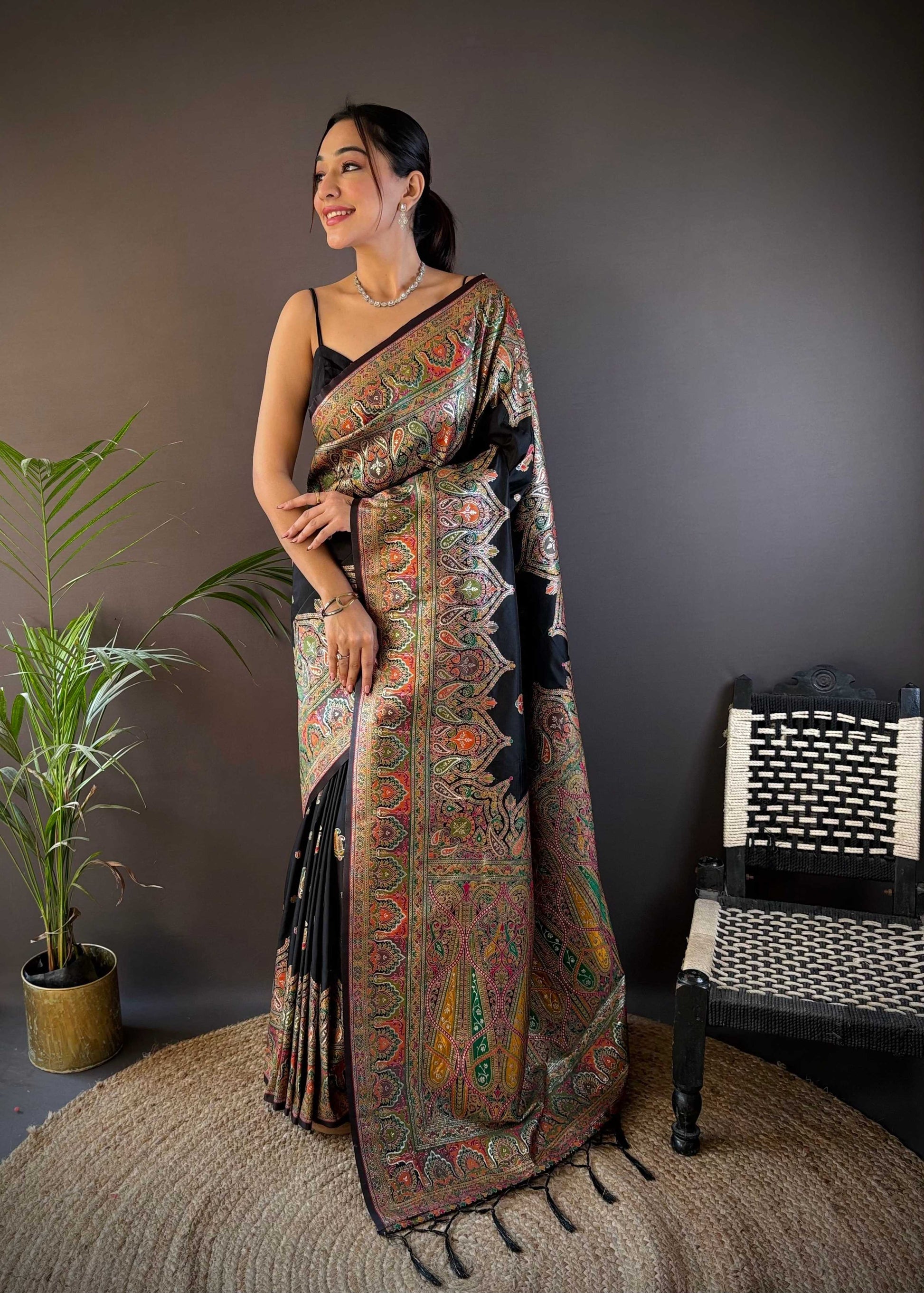 Sonakshi Women's Black Pashmina Silk Zari Woven Traditional Saree with Blouse