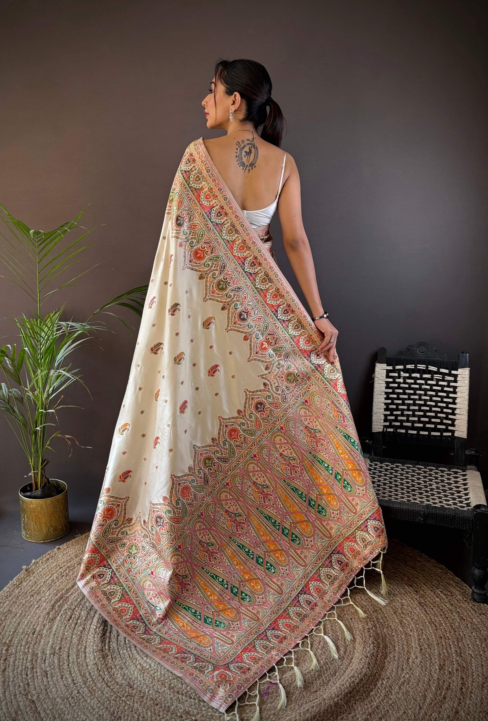 Sonakshi Women's Off White Pashmina Silk Zari Woven Traditional Saree with Blouse