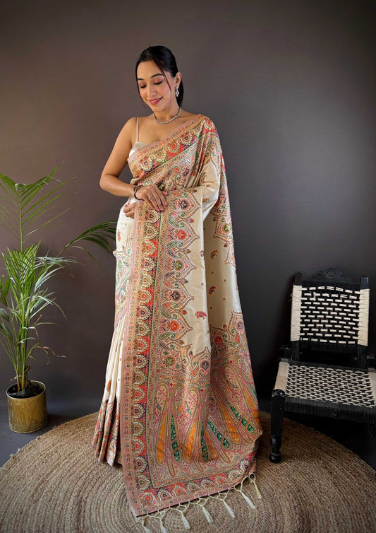 Sonakshi Women's Off White Pashmina Silk Zari Woven Traditional Saree with Blouse
