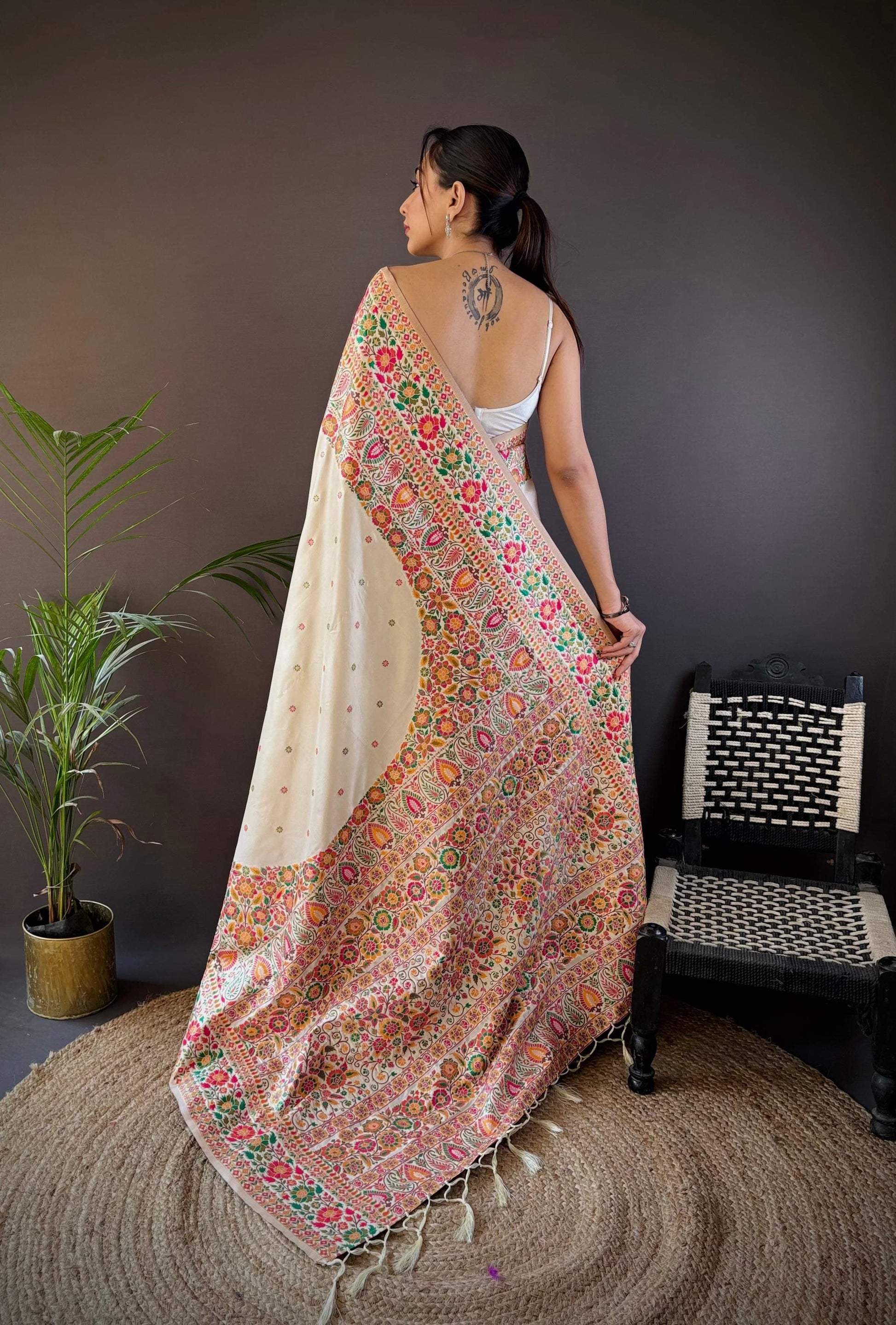 Sonakshi Women's Off White Pashmina Silk Zari Woven Traditional Saree with Blouse