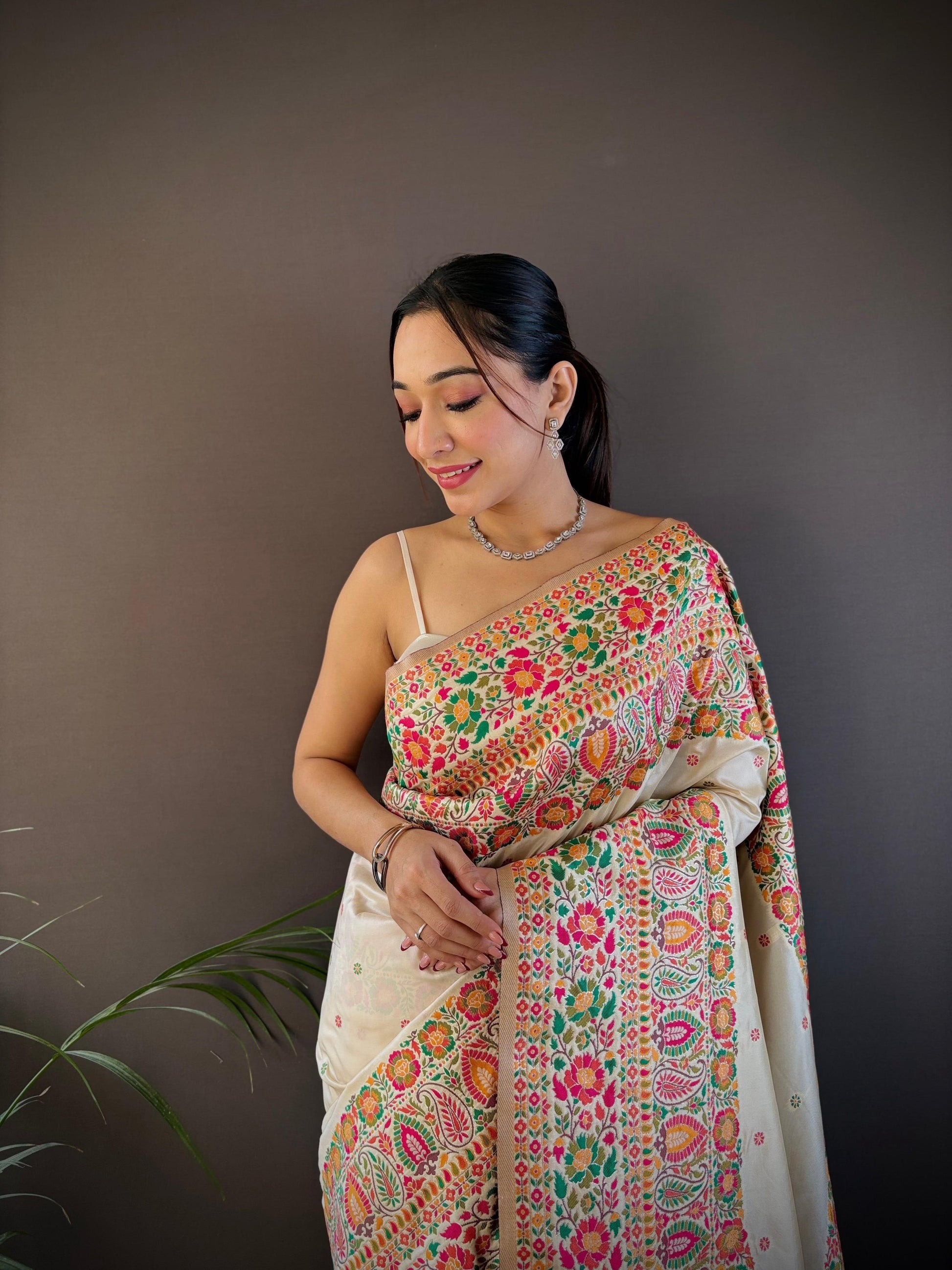 Sonakshi Women's Off White Pashmina Silk Zari Woven Traditional Saree with Blouse