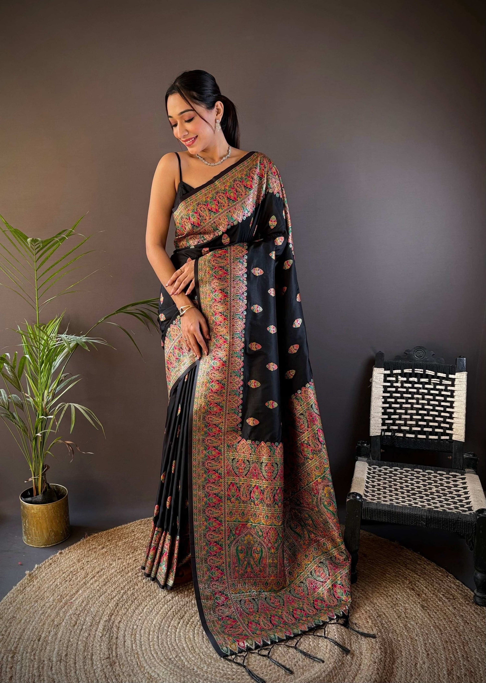 Sonakshi Women's Black Pashmina Silk Zari Woven Traditional Saree with Blouse