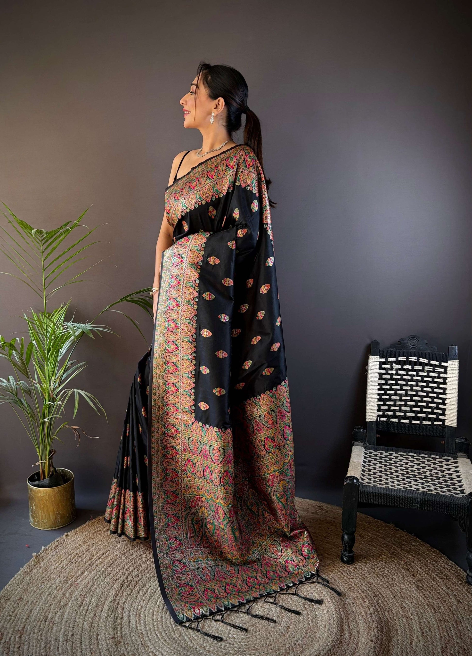 Sonakshi Women's Black Pashmina Silk Zari Woven Traditional Saree with Blouse