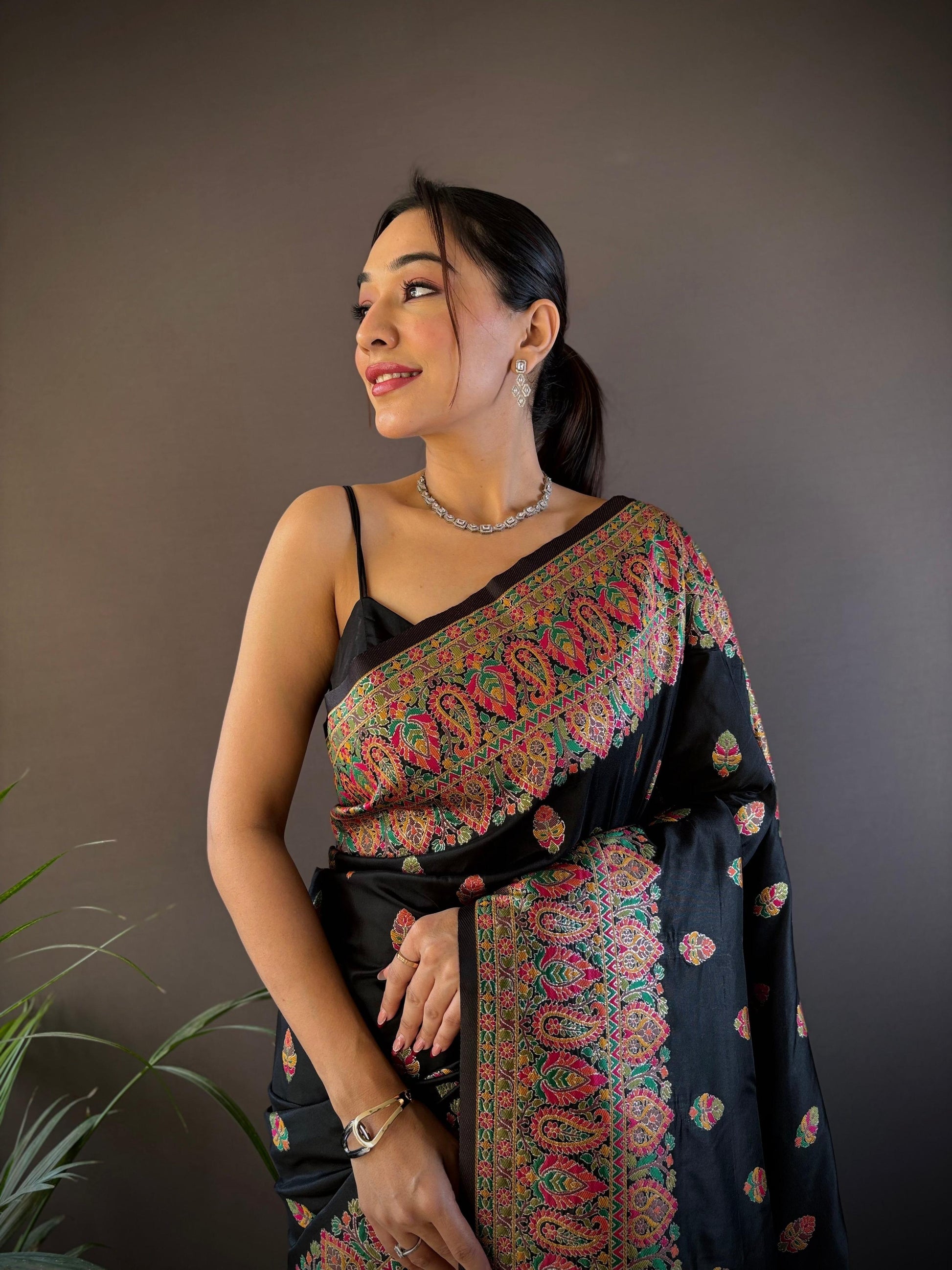 Sonakshi Women's Black Pashmina Silk Zari Woven Traditional Saree with Blouse