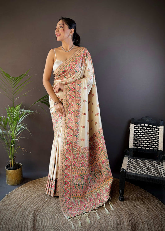 Sonakshi Women's Off White Pashmina Silk Zari Woven Traditional Saree with Blouse