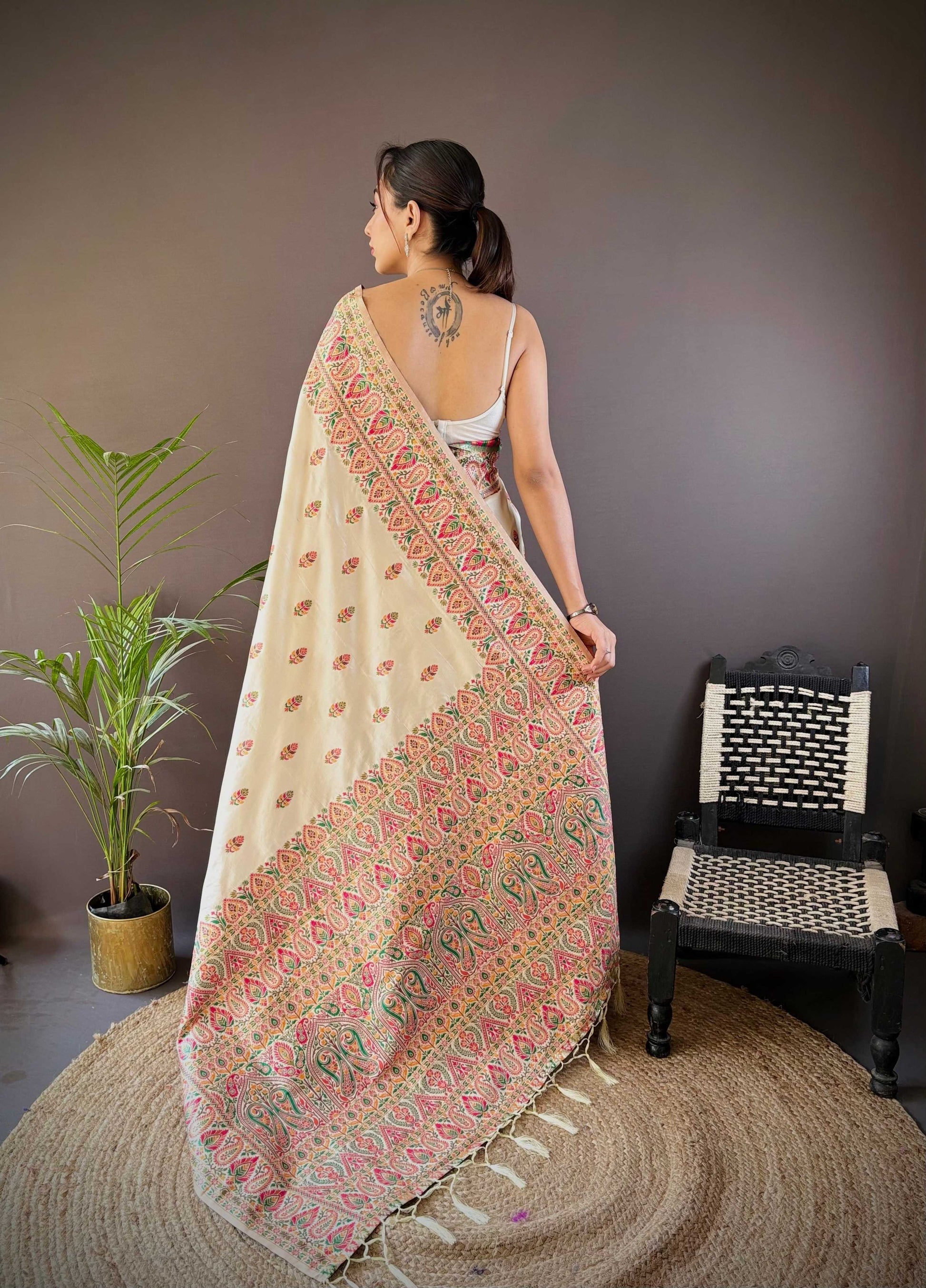 Sonakshi Women's Off White Pashmina Silk Zari Woven Traditional Saree with Blouse