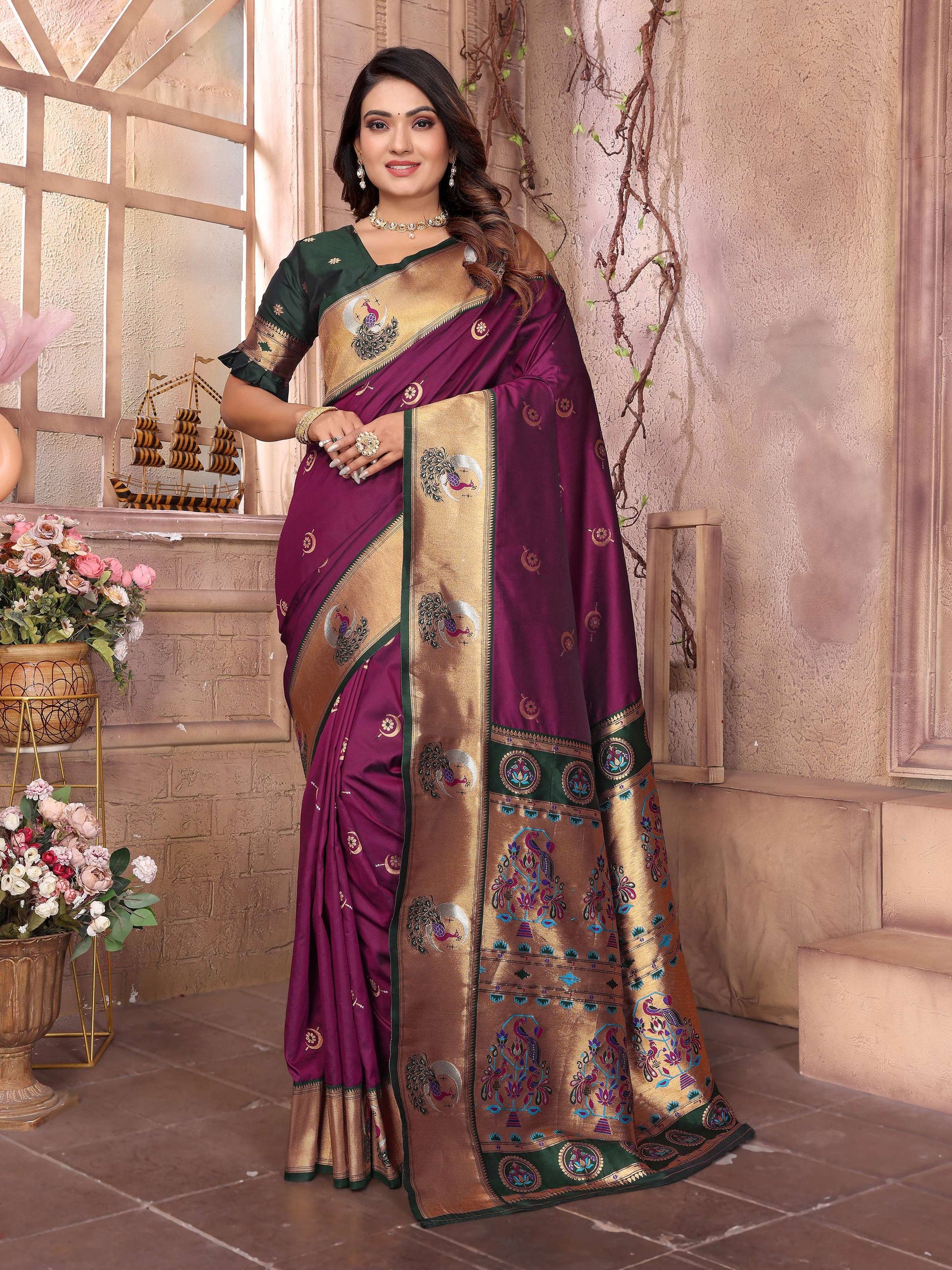 Sonakshi Women's Wine Paithani Silk Zari Woven Traditional Saree with Blouse