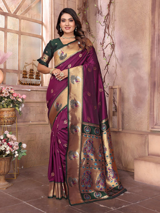 Sonakshi Women's Wine Paithani Silk Zari Woven Traditional Saree with Blouse