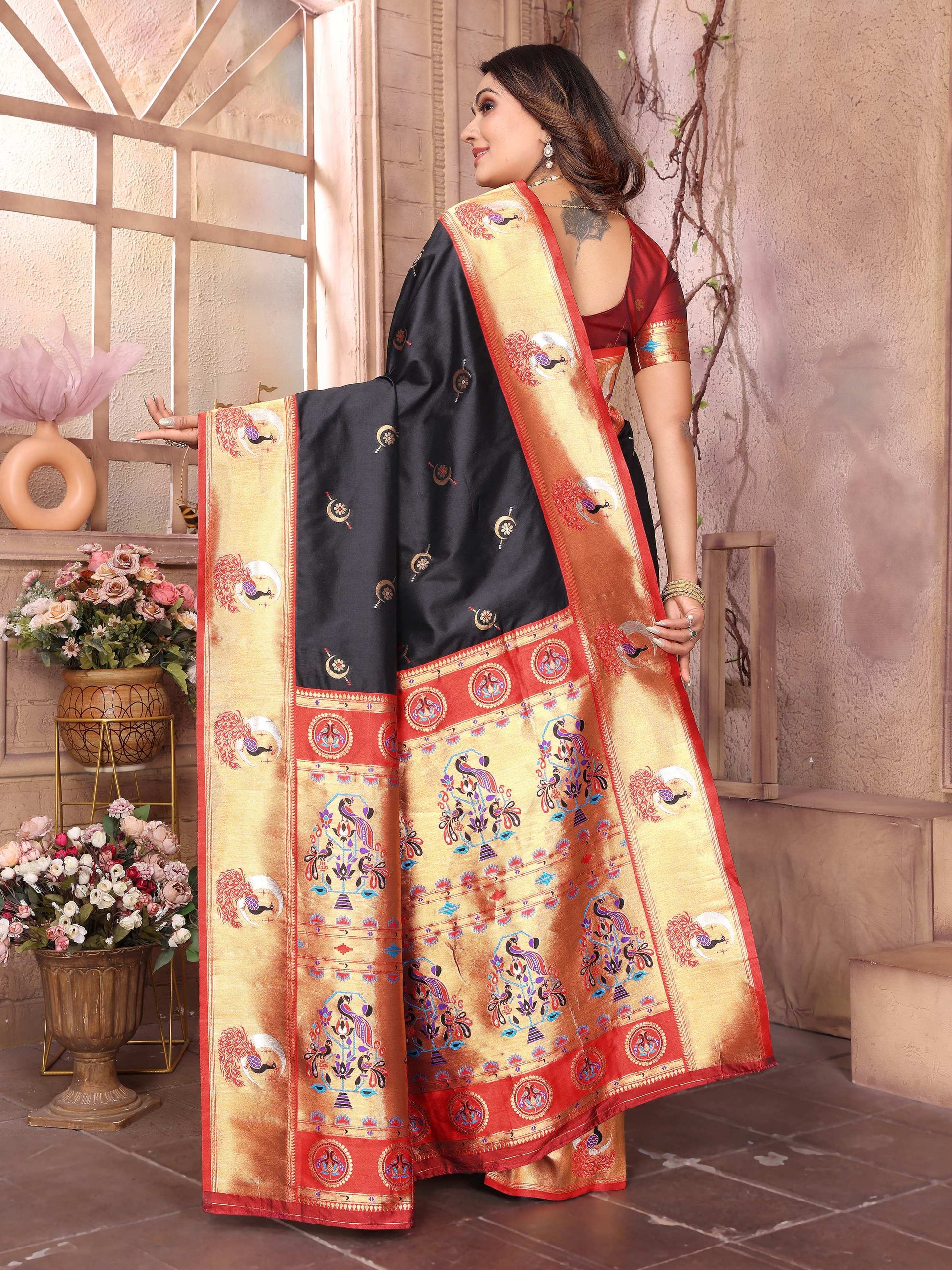 Sonakshi Women's Black Paithani Silk Zari Woven Traditional Saree with Blouse