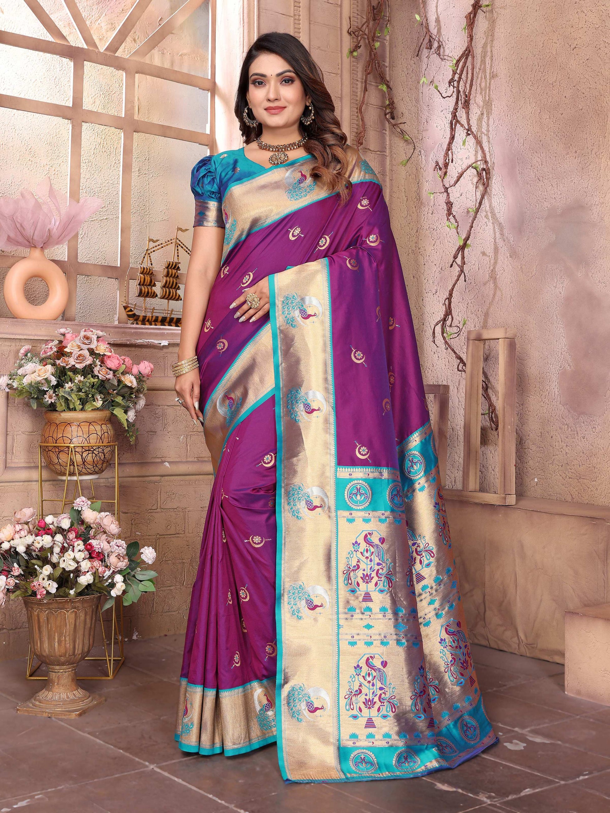 Sonakshi Women's Purple Paithani Silk Zari Woven Traditional Saree with Blouse