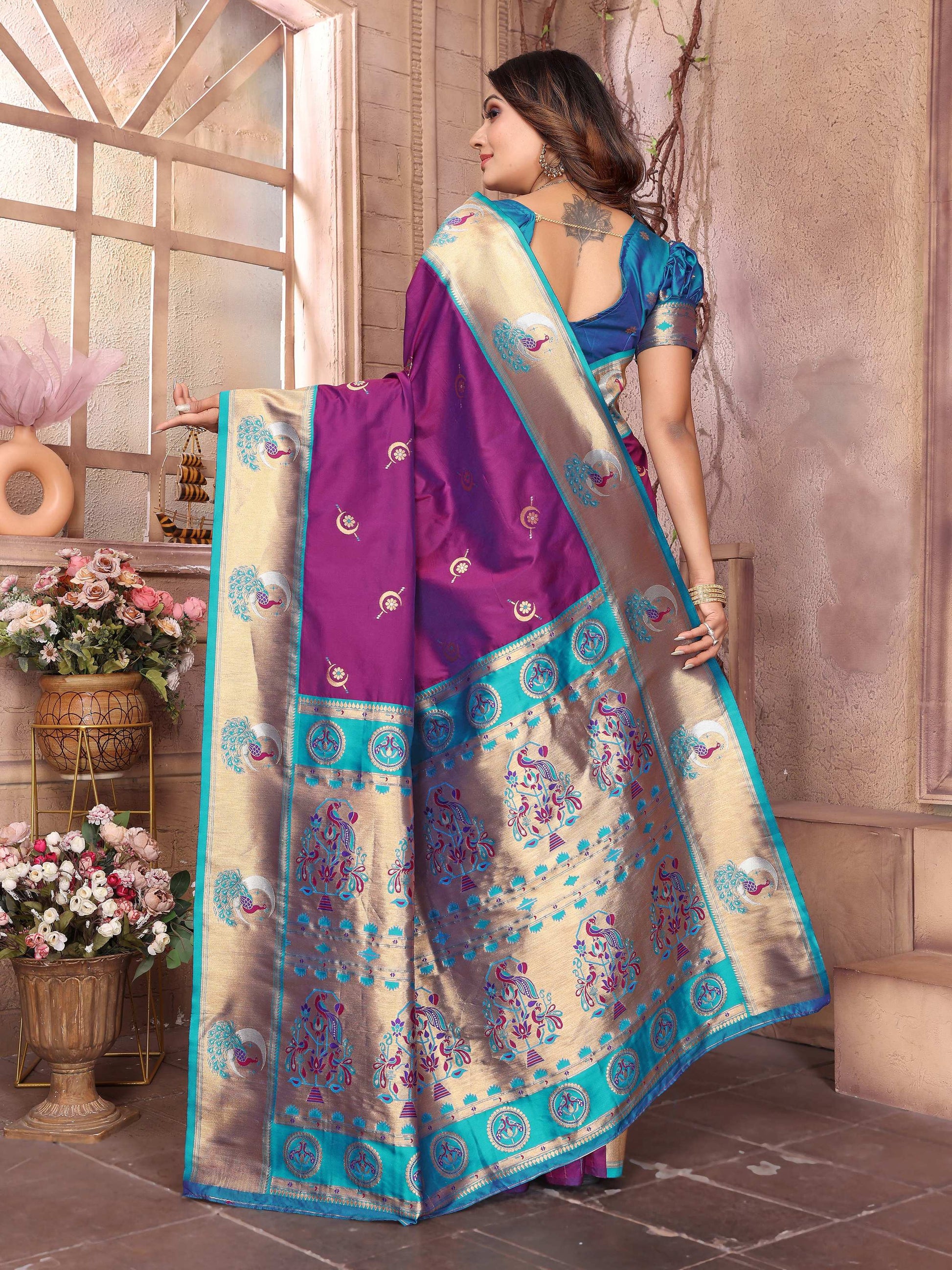 Sonakshi Women's Purple Paithani Silk Zari Woven Traditional Saree with Blouse