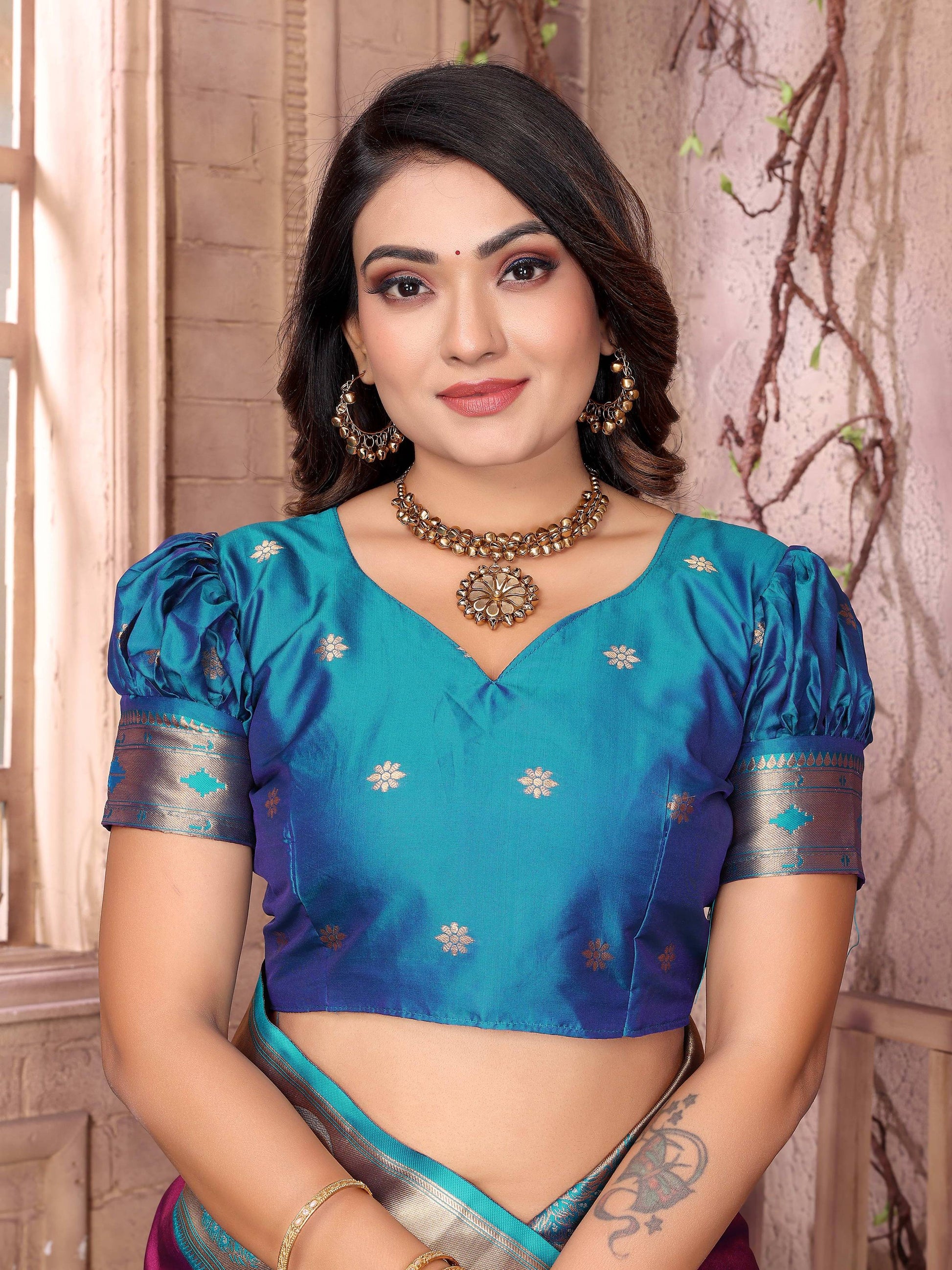 Sonakshi Women's Purple Paithani Silk Zari Woven Traditional Saree with Blouse